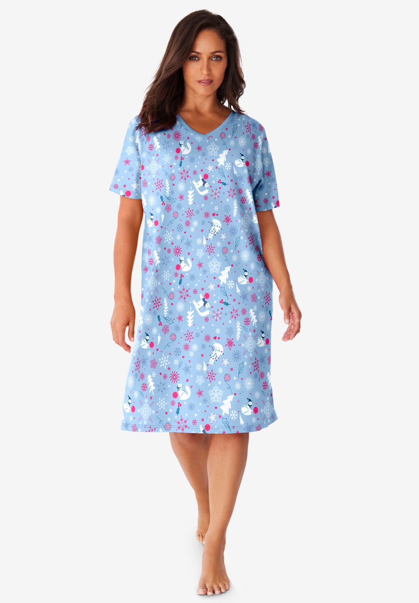 Matching Short Single Sleepshirt & Slipper, Sky Blue Winter Cat, , hi-res image number 0