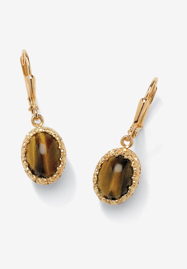 Yellow Gold-Plated Drop Earrings (12X10Mm) Genuine Tiger'S Eye, BROWN, hi-res image number null