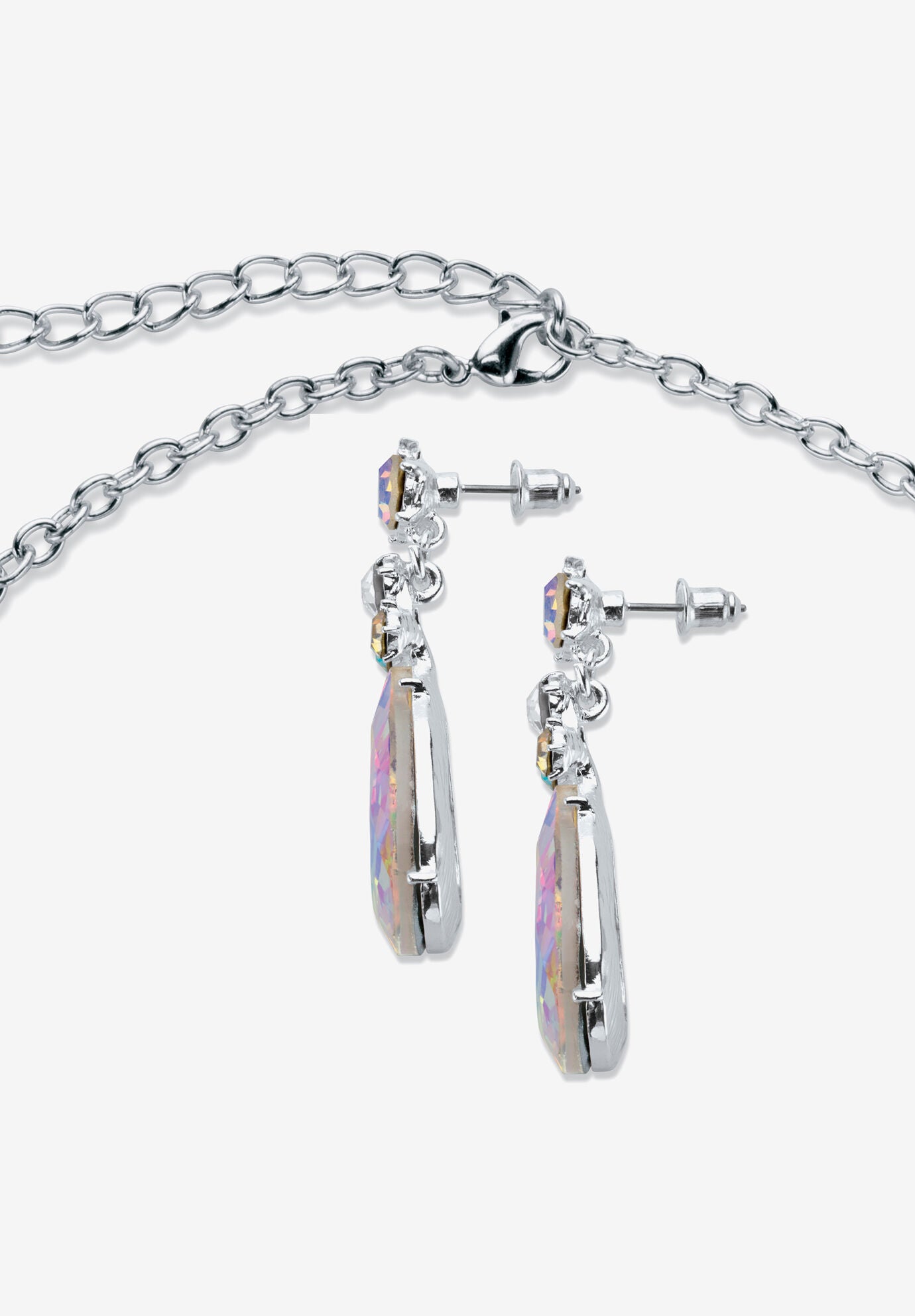 Silver Tone Tone Bib Necklace Set, Aurora Borealis Crystal, 16 inches, , on-hover image number 1