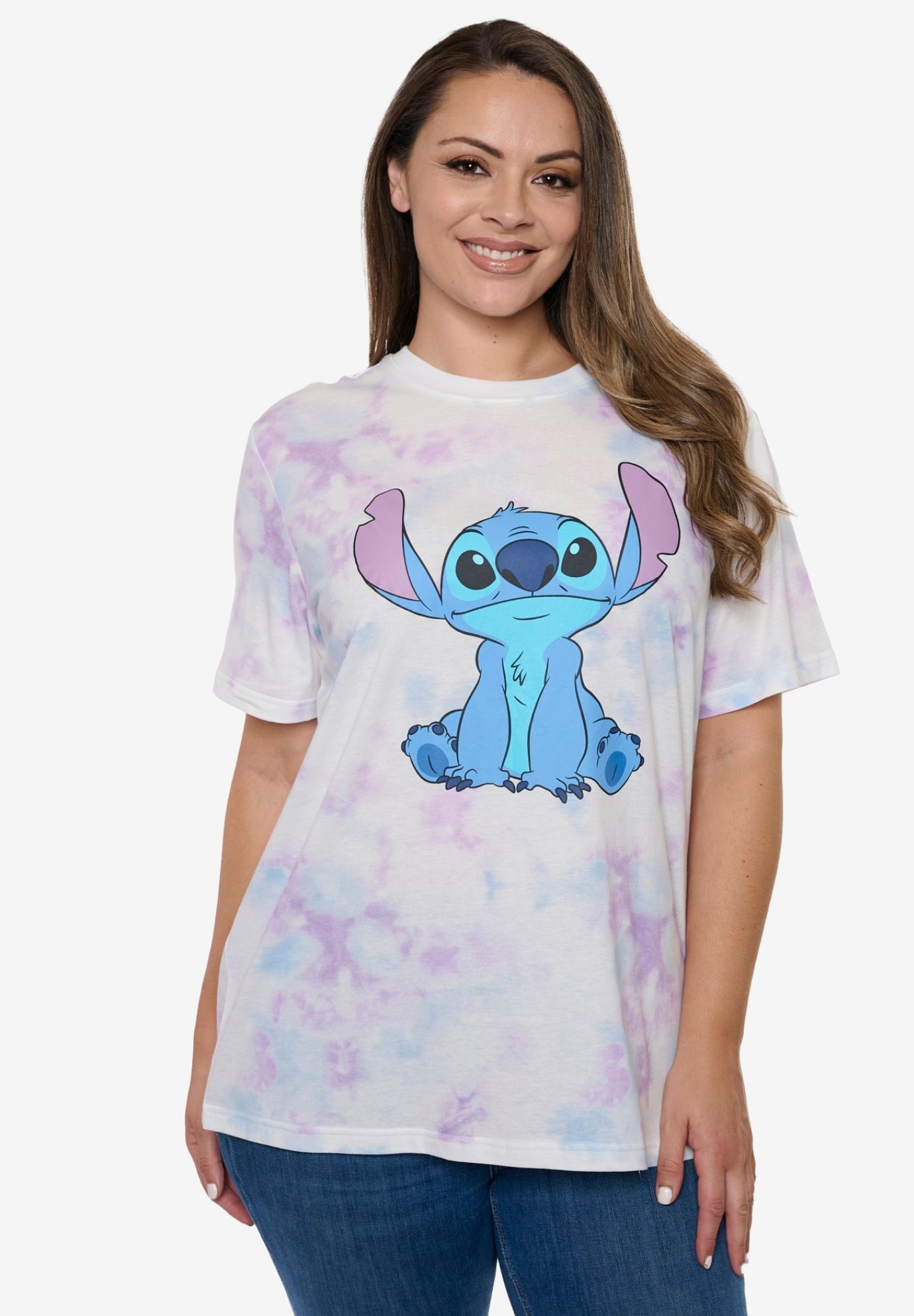 Women's Disney Stitch T-Shirt  Tie Dye Print PastelShort Sleeve White, PINK, hi-res image number 0
