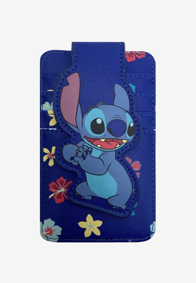 Disney Stitch Card Holder Wallet Hawaiian Flowers Button Snap Closure, BLUE, hi-res image number 0