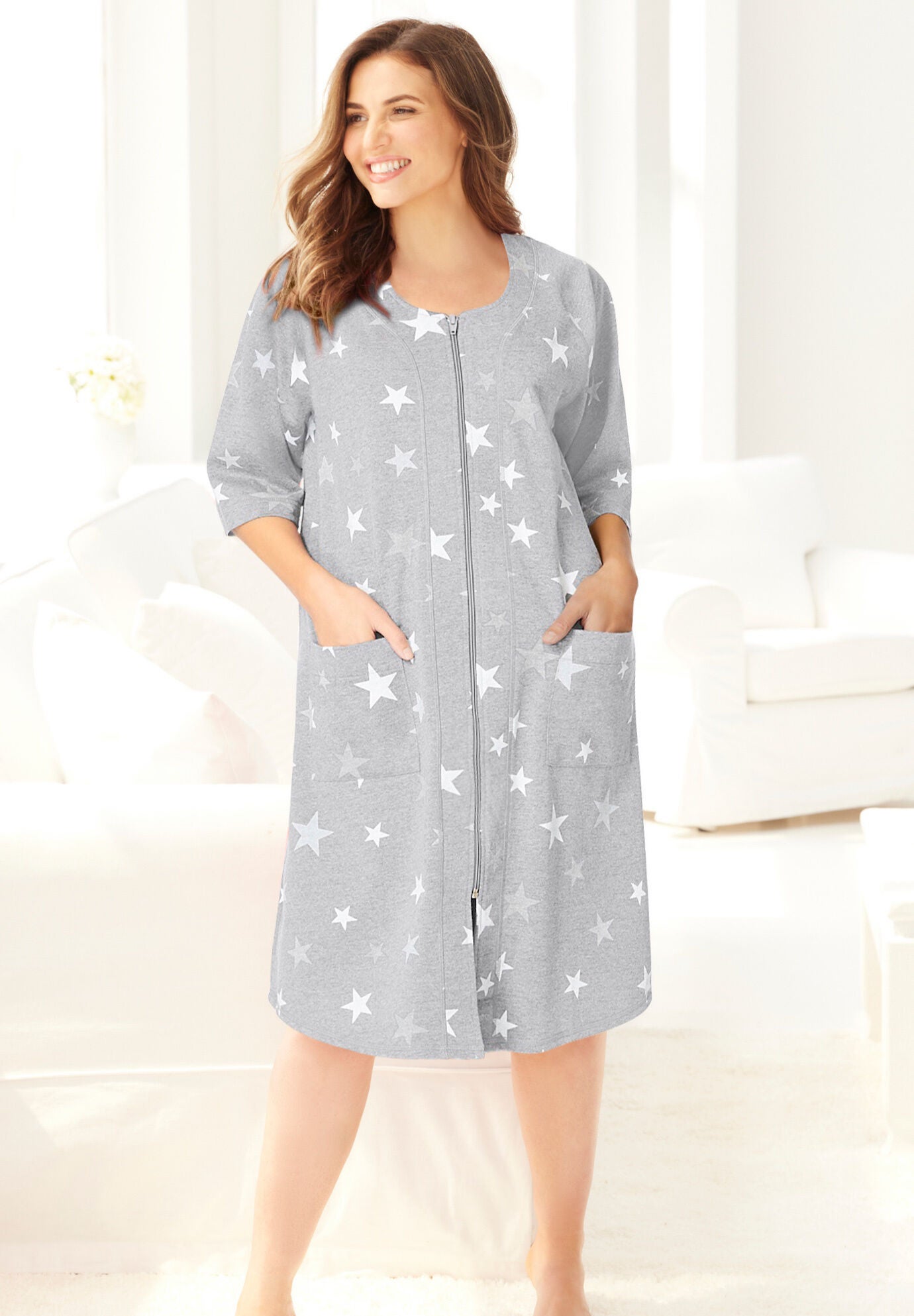 Short French Terry Zip-Front Robe | Avenue