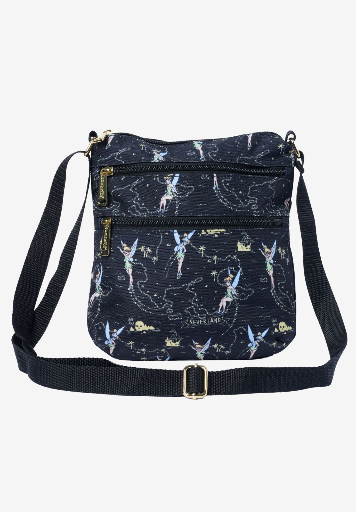 Loungefly Disney Tinker Bell Neverland Map Crossbody Bag Nylon Black, BLACK, on-hover image number 1