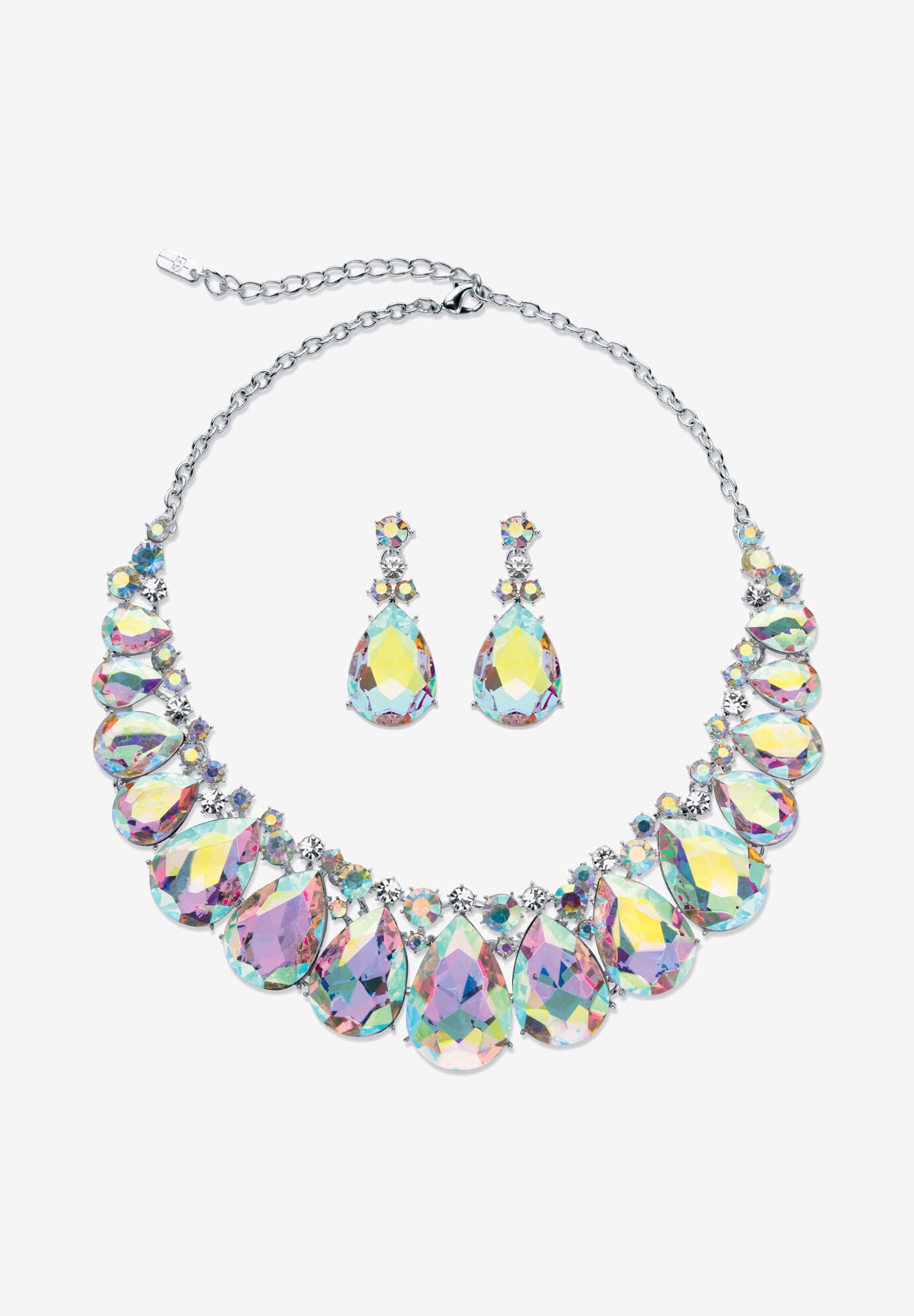 Silver Tone Tone Bib Necklace Set, Aurora Borealis Crystal, 16 inches, CRYSTAL, hi-res image number 0