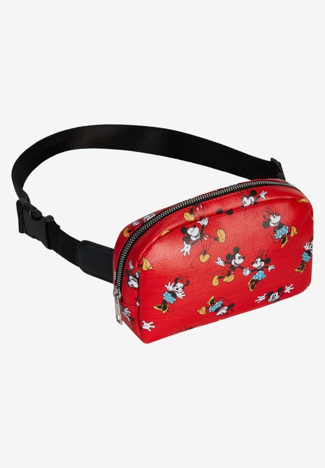 Disney Mickey & Minnie Mouse Belt Bag Crossbody Zippered All Over Print Faux Leather, RED, hi-res image number 0