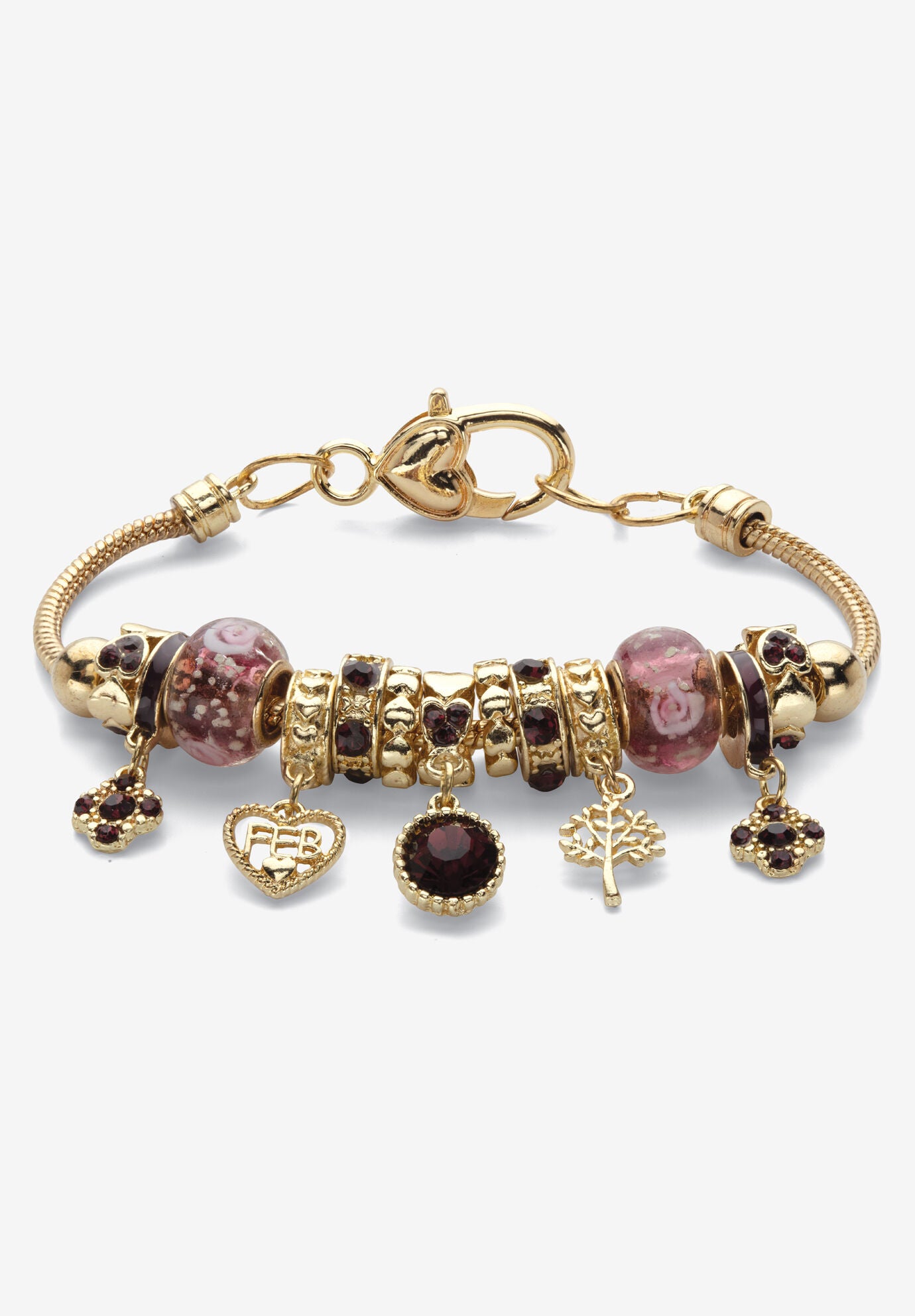 Goldtone Antiqued Birthstone Bracelet (13mm), Round Crystal 8 inch Adjustable, FEBRUARY, hi-res image number 0