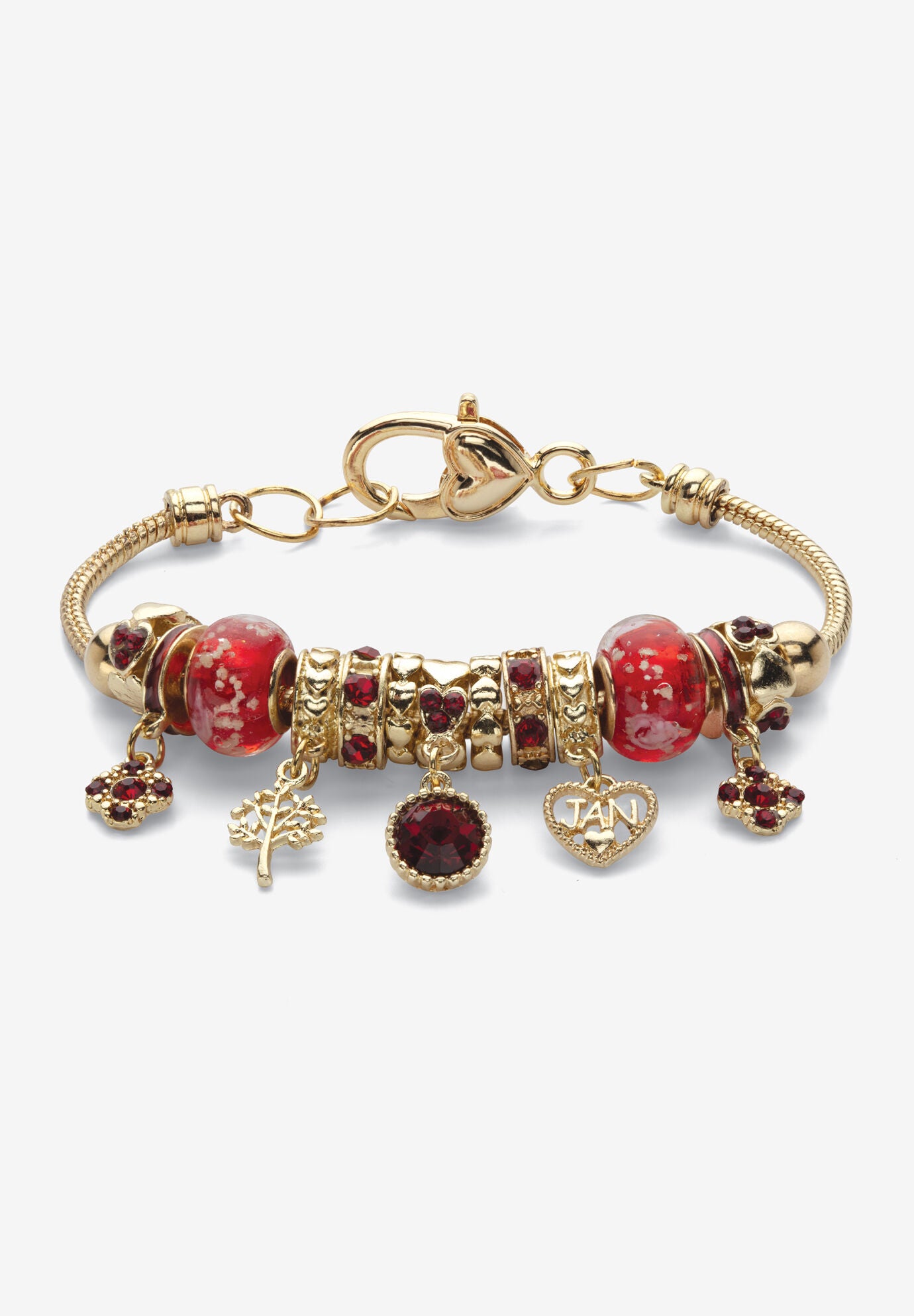 Goldtone Antiqued Birthstone Bracelet (13mm), Round Crystal 8 inch Adjustable, JANUARY, hi-res image number 0