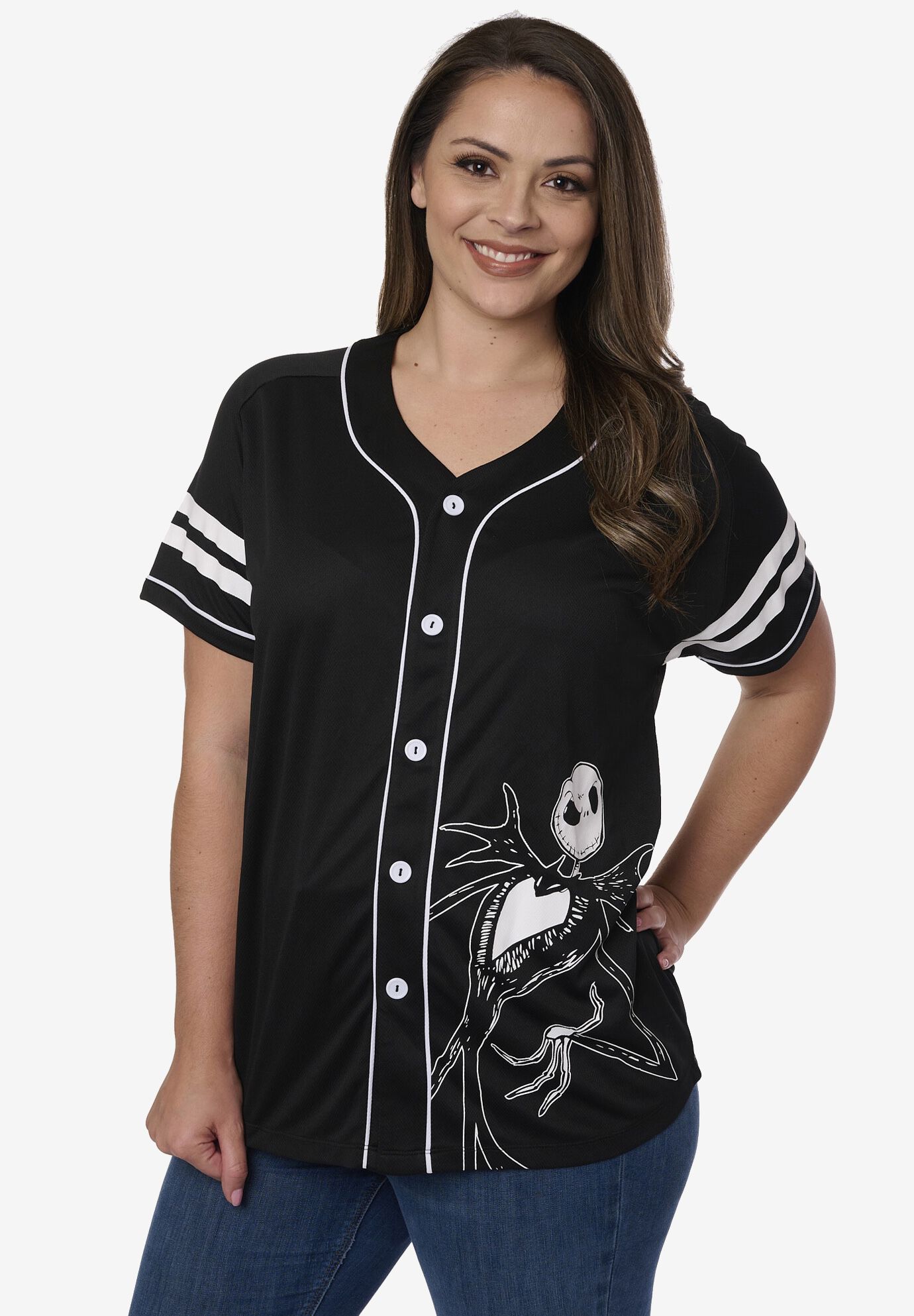 Jack Skellington Black Baseball Jersey Button Down Shirt, , alternate image number 2
