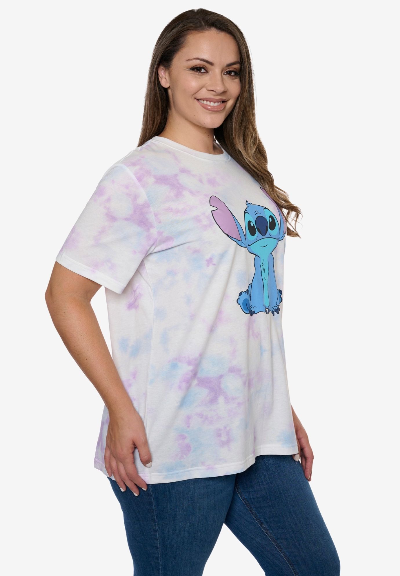 Women's Disney Stitch T-Shirt  Tie Dye Print PastelShort Sleeve White, PINK, alternate image number 2