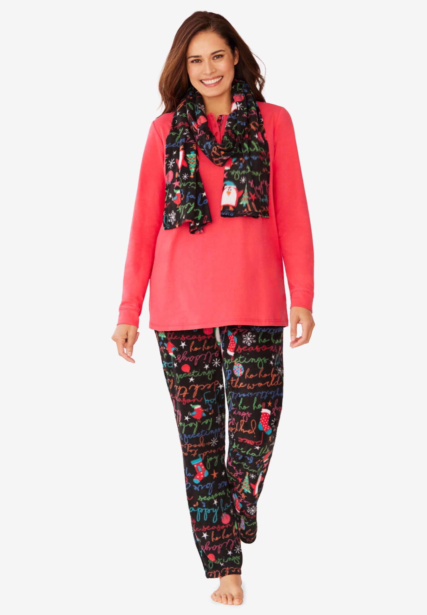 Pajama Set with Coordinating Scarf, BLACK SEASON'S GREETINGS, hi-res image number 0