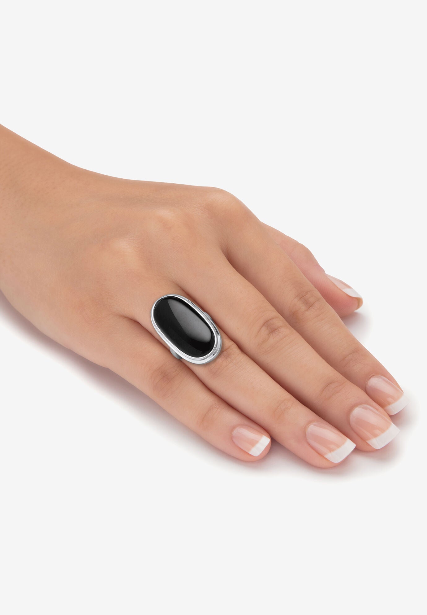 Silvertone Oval-Cut Natural Black Onyx Cabochon Ring, , alternate image number 2