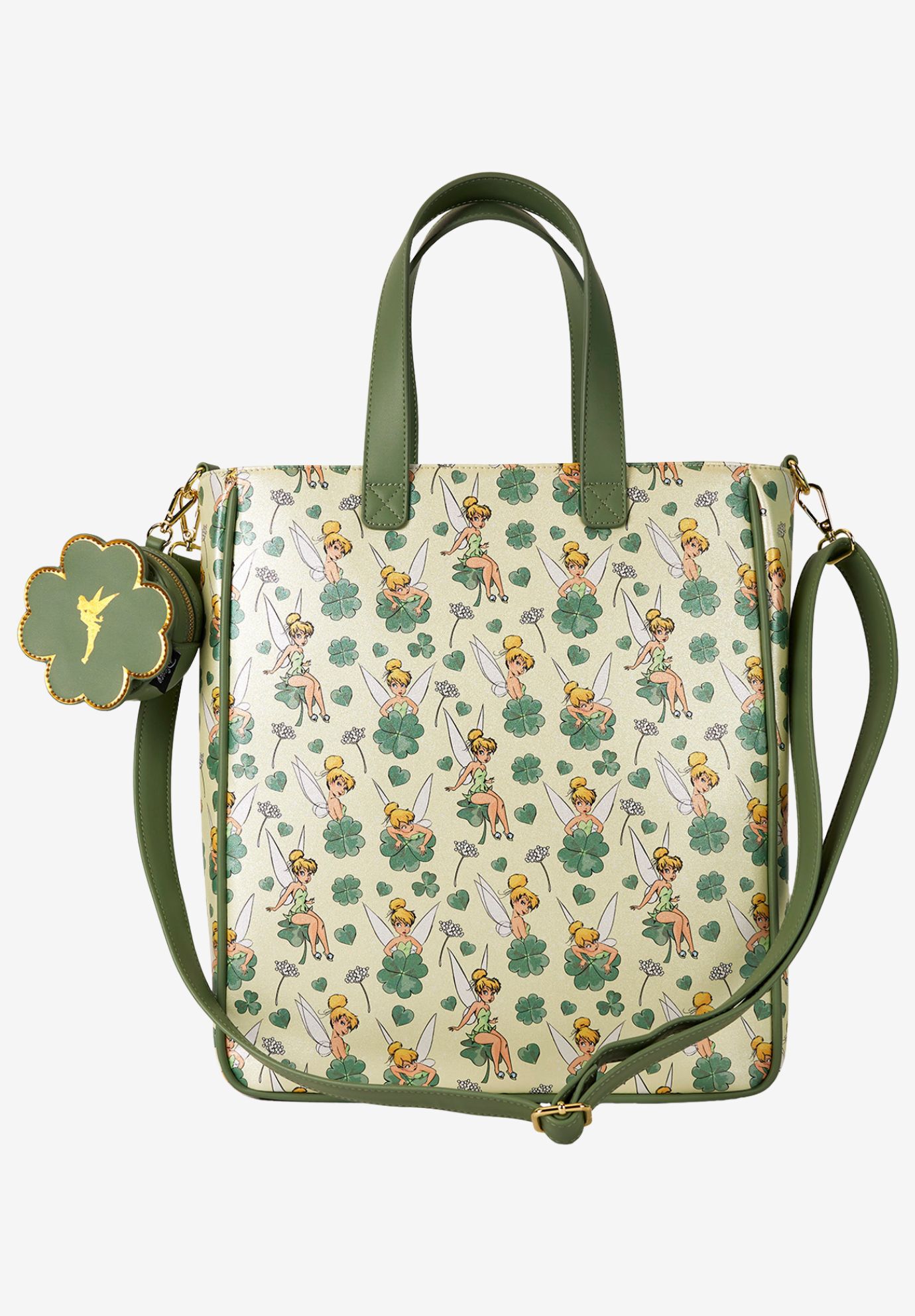 Loungefly x Disney Tinker Bell All-Over Print Tote Bag With Coin Bag Clovers, GREEN, alternate image number 2