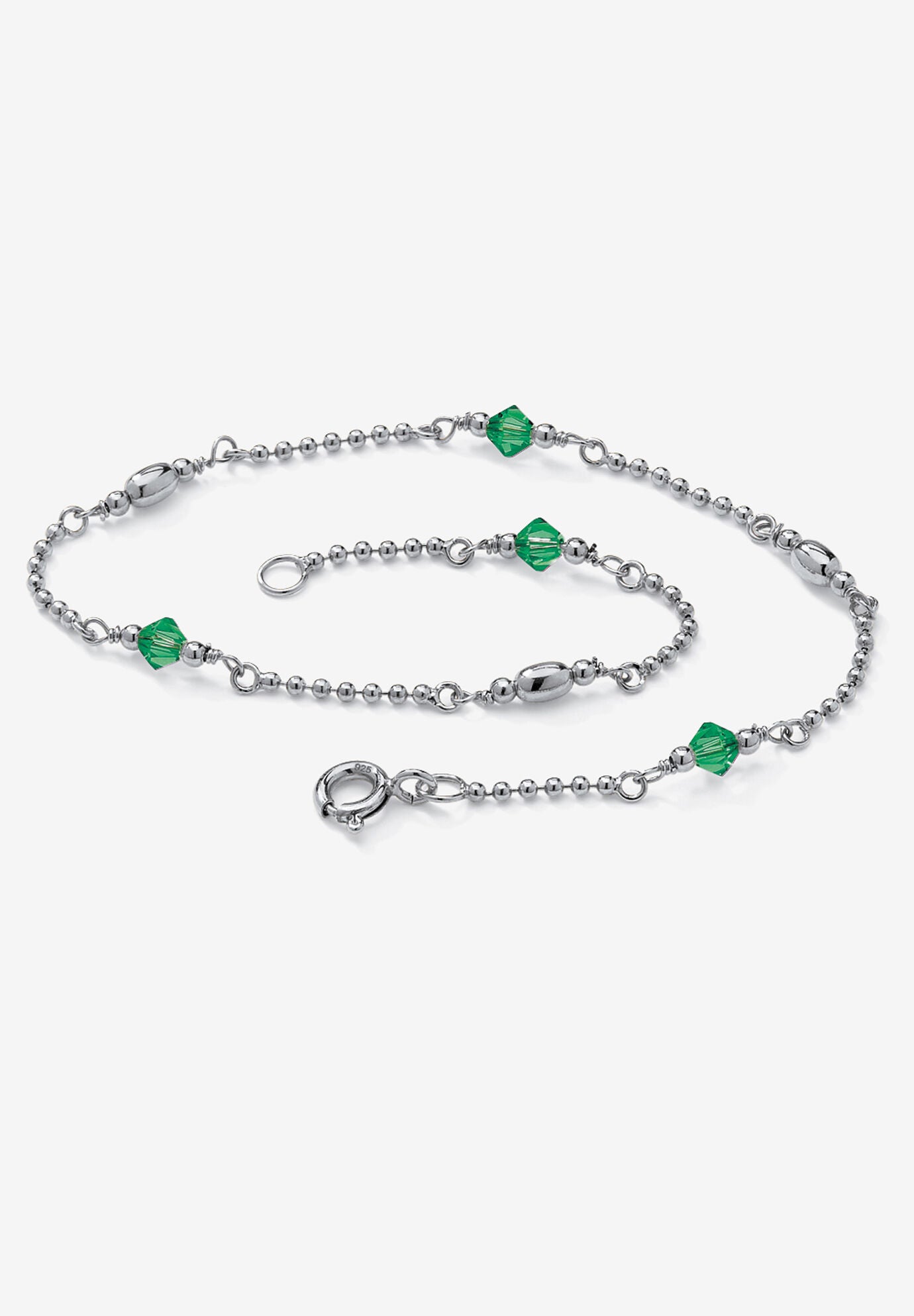 Platinum Plated Silver Ankle Bracelet (2Mm), Round Simulated Birthstone 11 Inches, MAY, hi-res image number 0