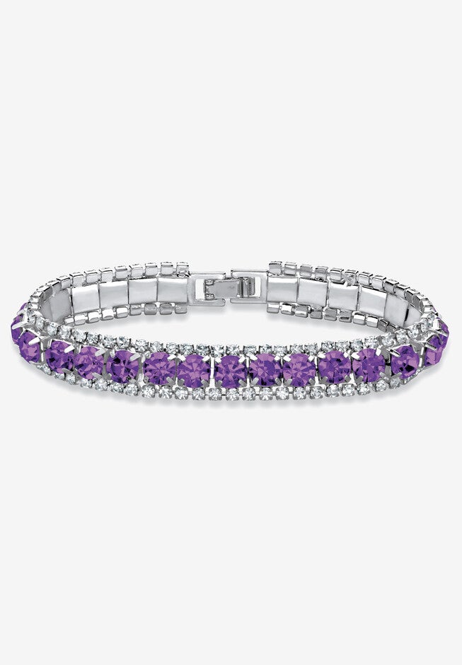 Silver Tone Tennis Bracelet Simulated Birthstones and Crystal, 7 inches, FEBRUARY, hi-res image number 0