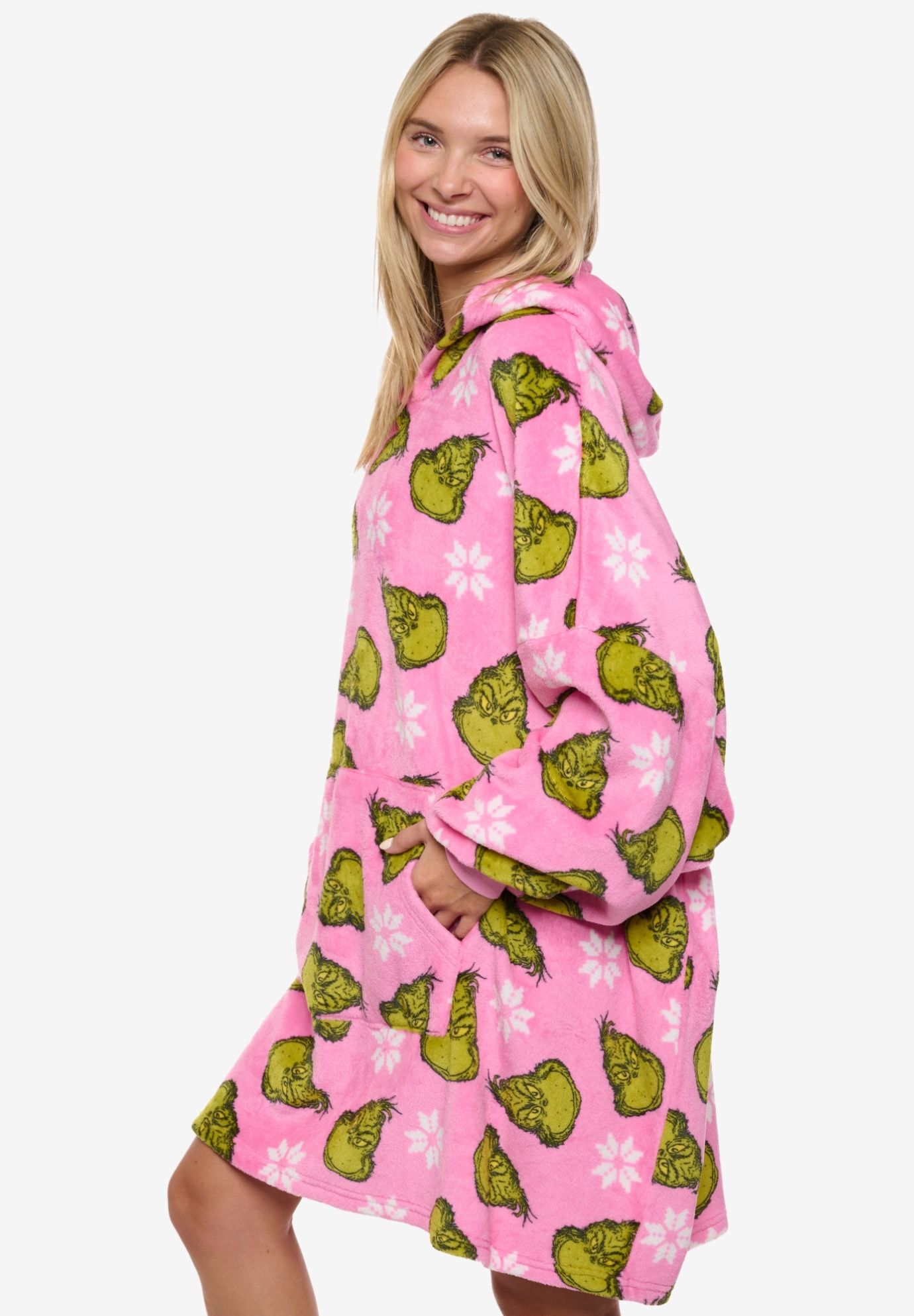 Womens The Grinch Oversized Hoodie Sweatshirt Christmas Pink Green One Size, PINK, alternate image number 6