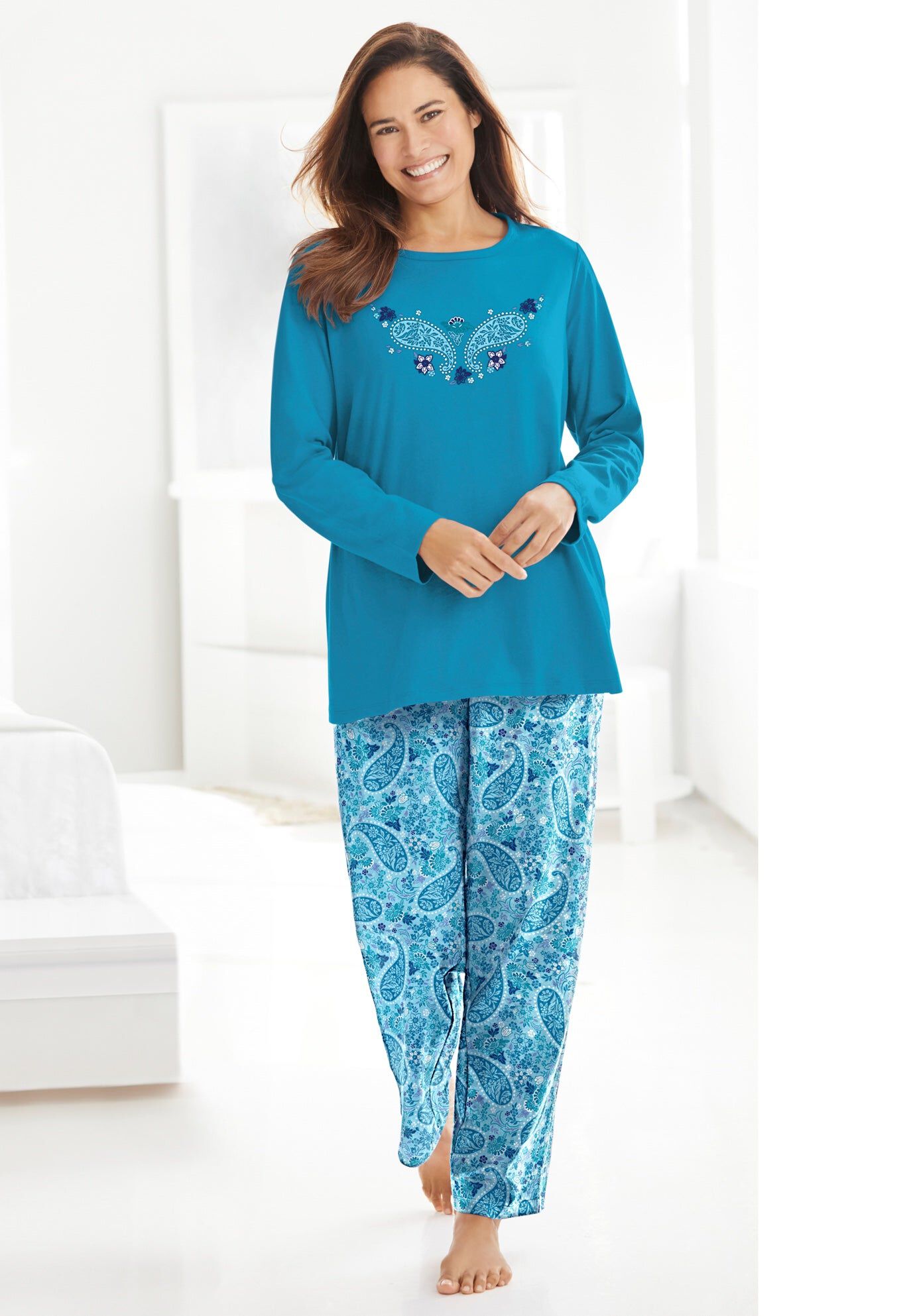 Long Sleeve Knit PJ Set, PALE OCEAN PAISLEY, hi-res image number 0