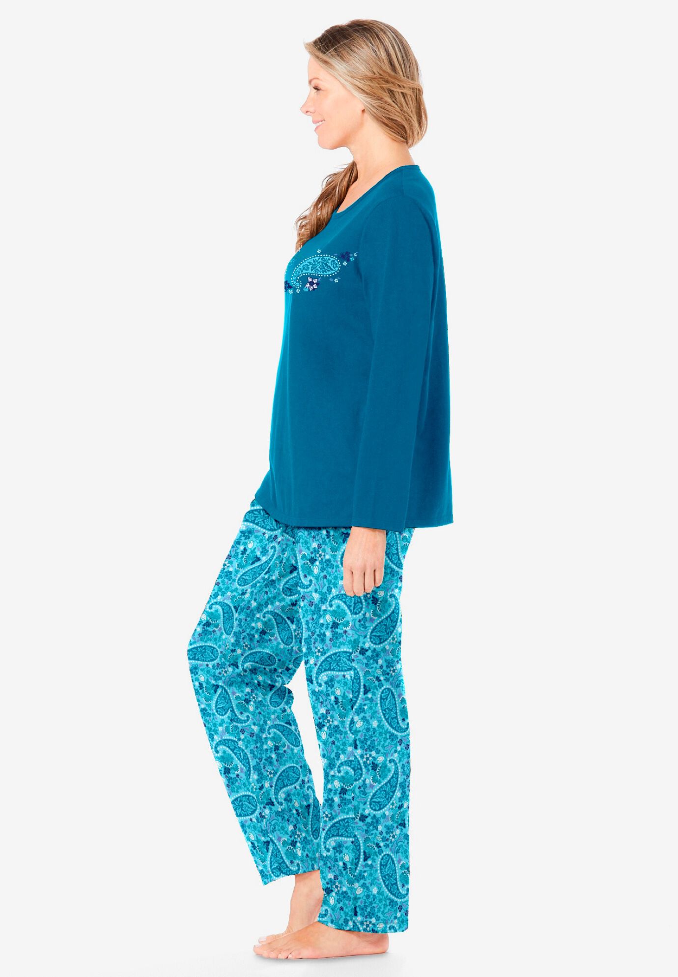 Long Sleeve Knit PJ Set, PALE OCEAN PAISLEY, alternate image number 2