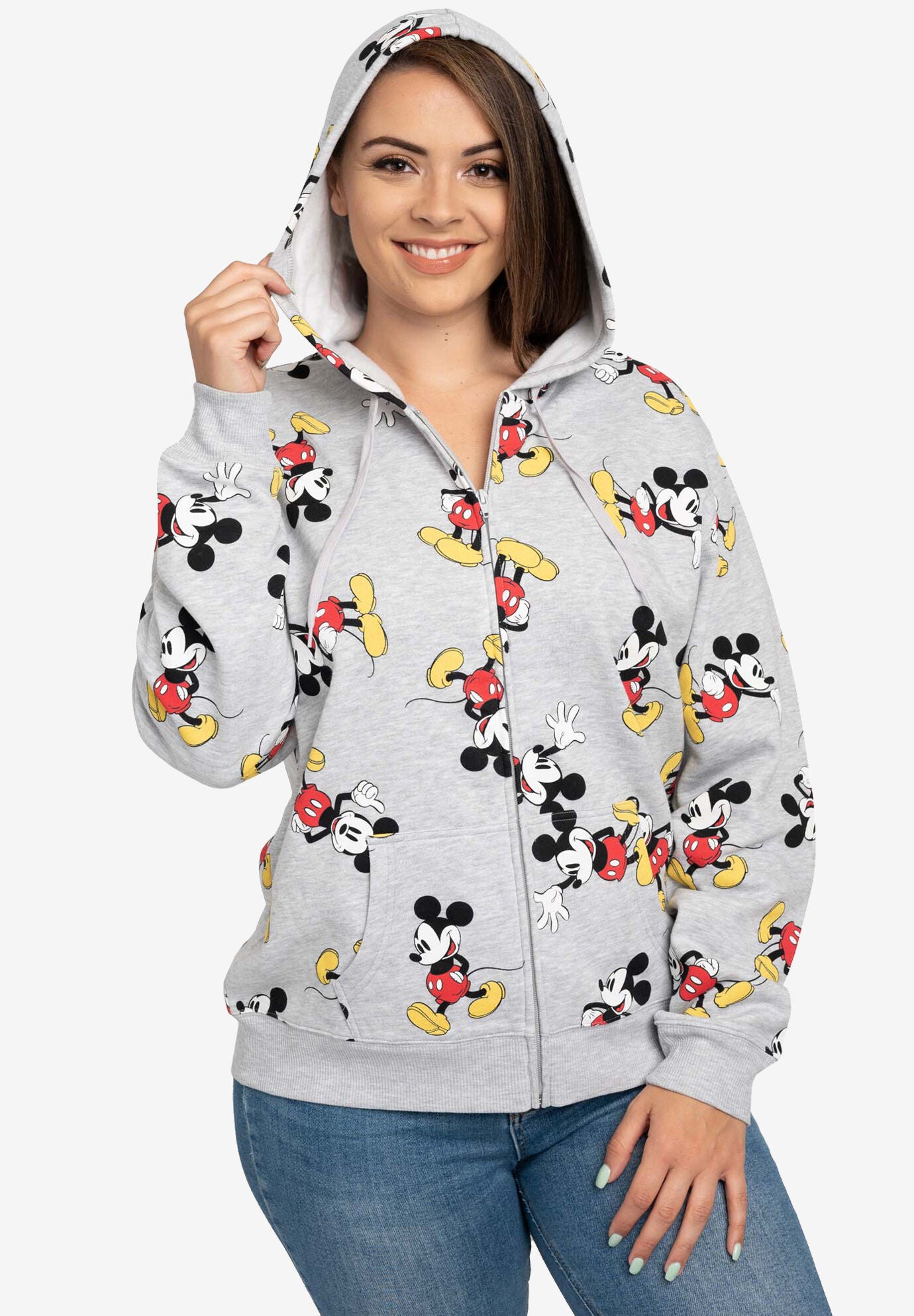 Women's Plus Size Disney Mickey Mouse Zip Hoodie All-Over Print Sweatshirt Gray, , alternate image number 4
