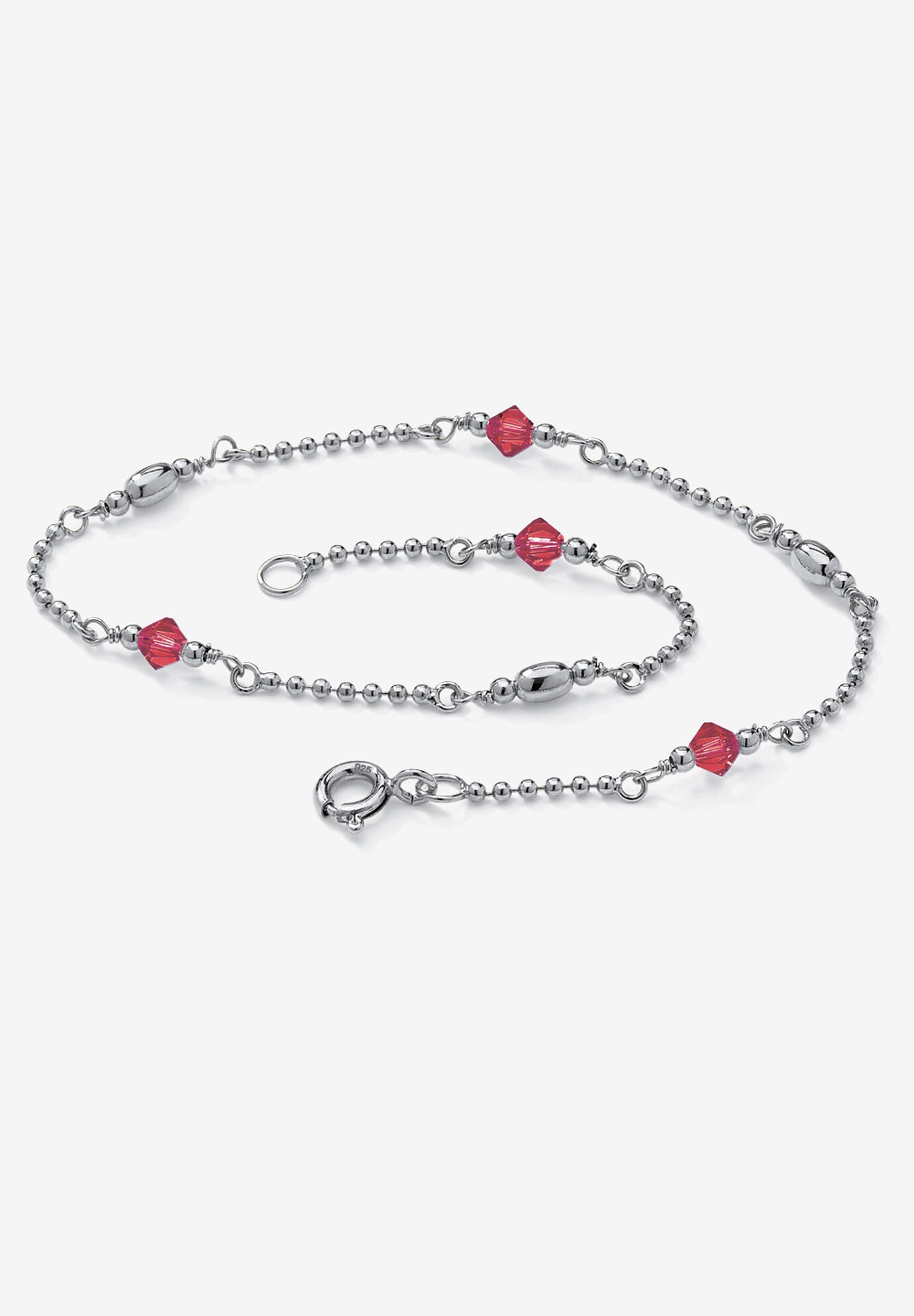 Platinum Plated Silver Ankle Bracelet (2Mm), Round Simulated Birthstone 11 Inches, JULY, hi-res image number 0