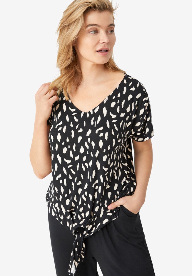 Tie-Front Tee, BLACK IVORY PRINT, hi-res image number null
