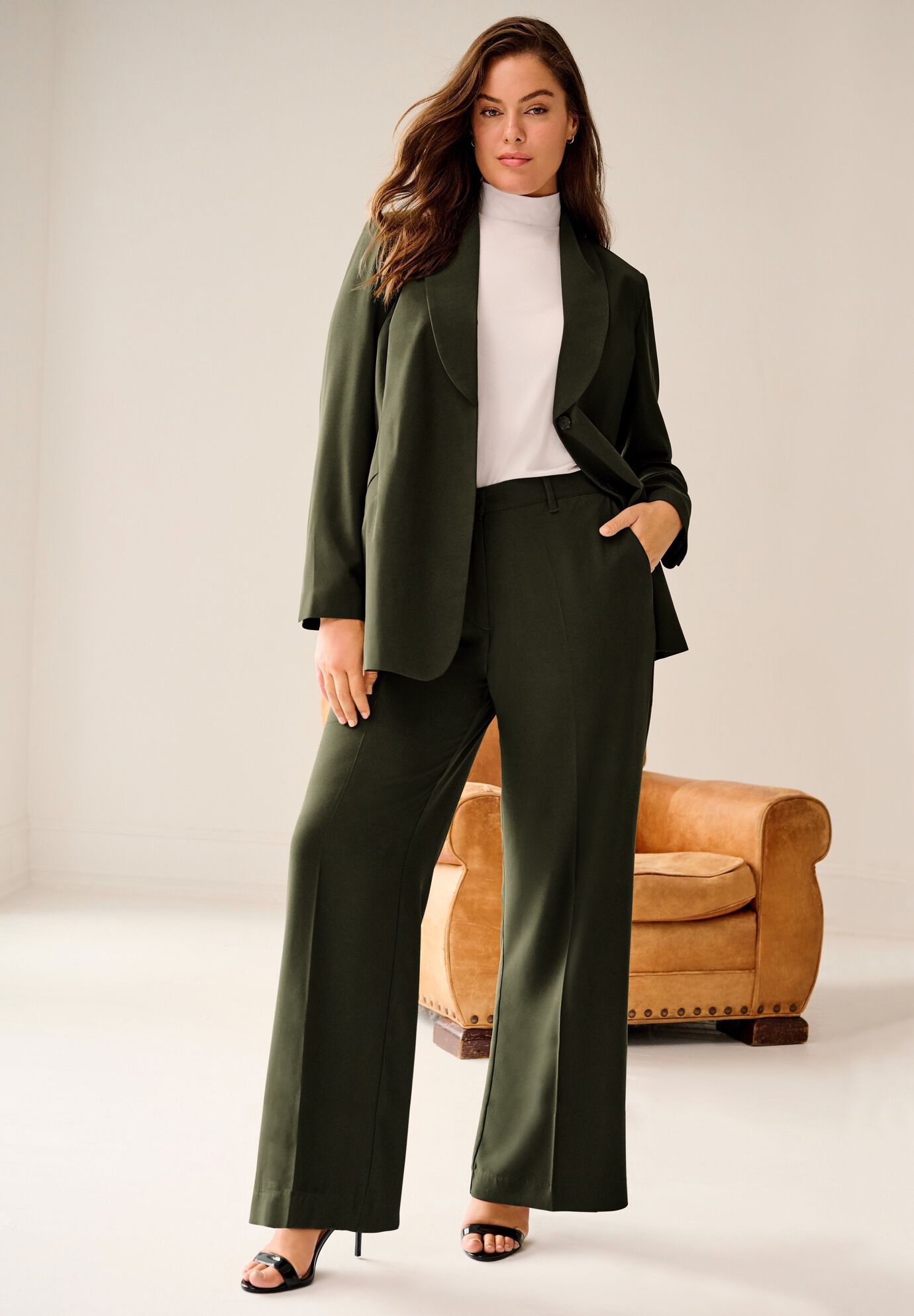 Shawl Collar Blazer With Self-Tie Belt, DEEP OLIVE, alternate image number 2