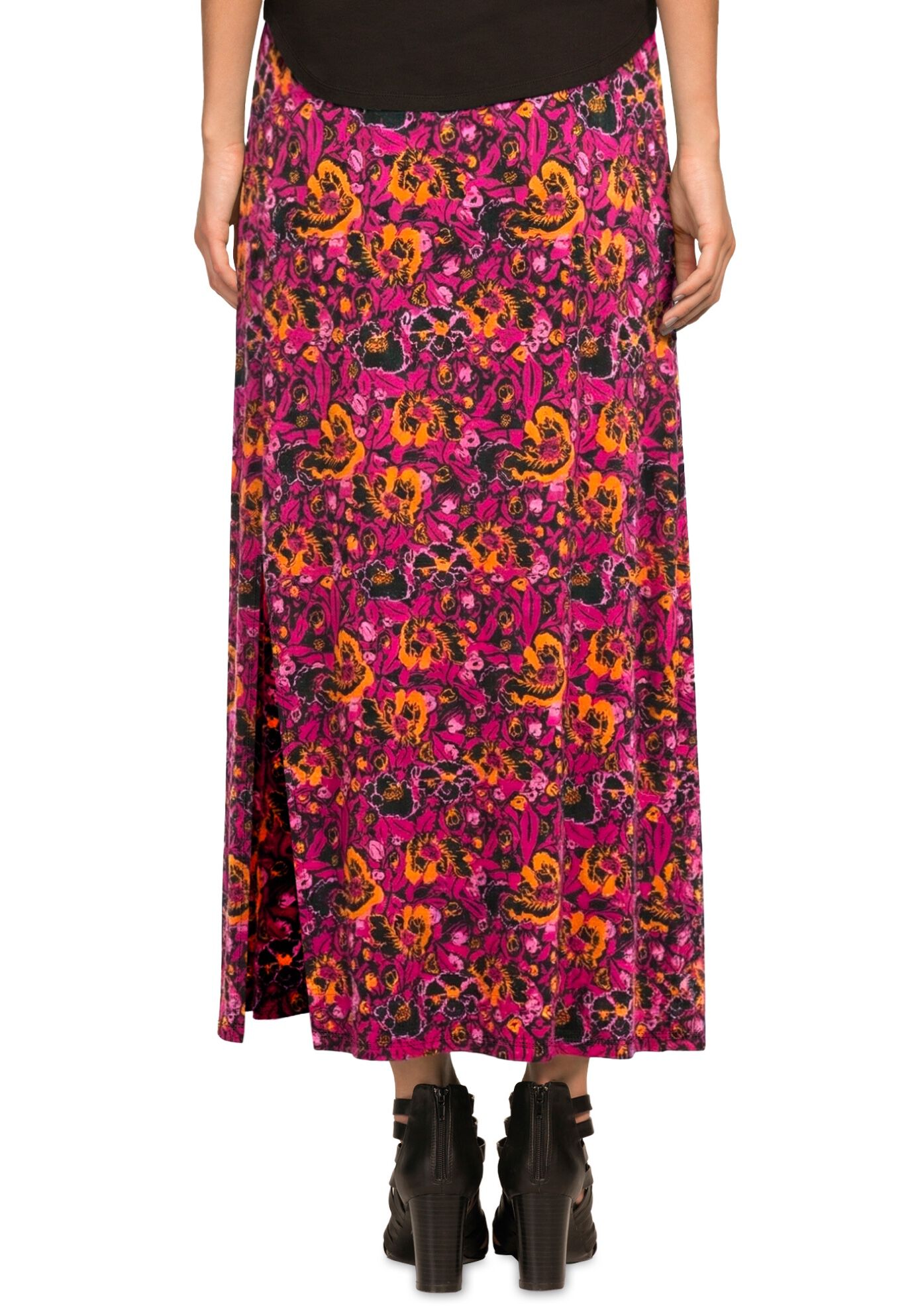 Stretch Jersey Knit Elastic Drawstring Waist Maxi Skirt, BLACK RASPBERRY SORBET FLORAL, on-hover image number 1