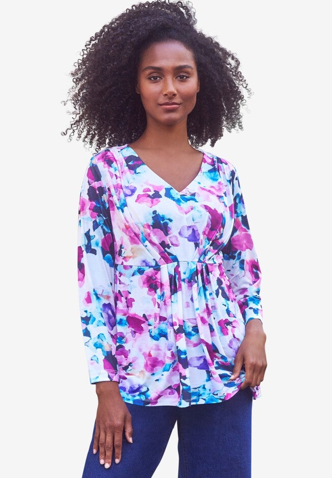 V-Neck Pleated Bodice Knit Tunic, MULTI FLORAL, hi-res image number null