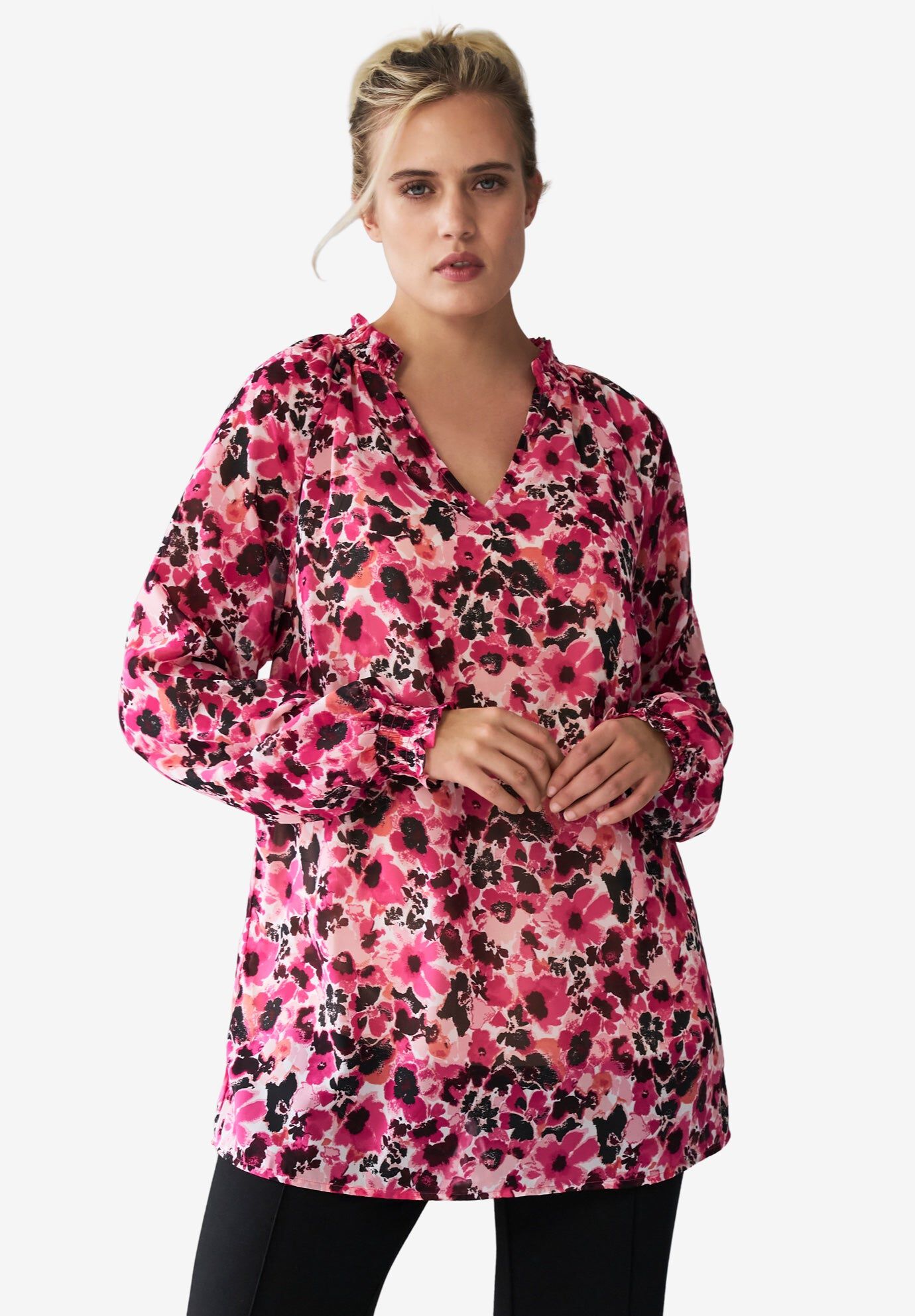 Notch Neck Blouson Sleeve Tunic, RASPBERRY FLORAL, hi-res image number 0