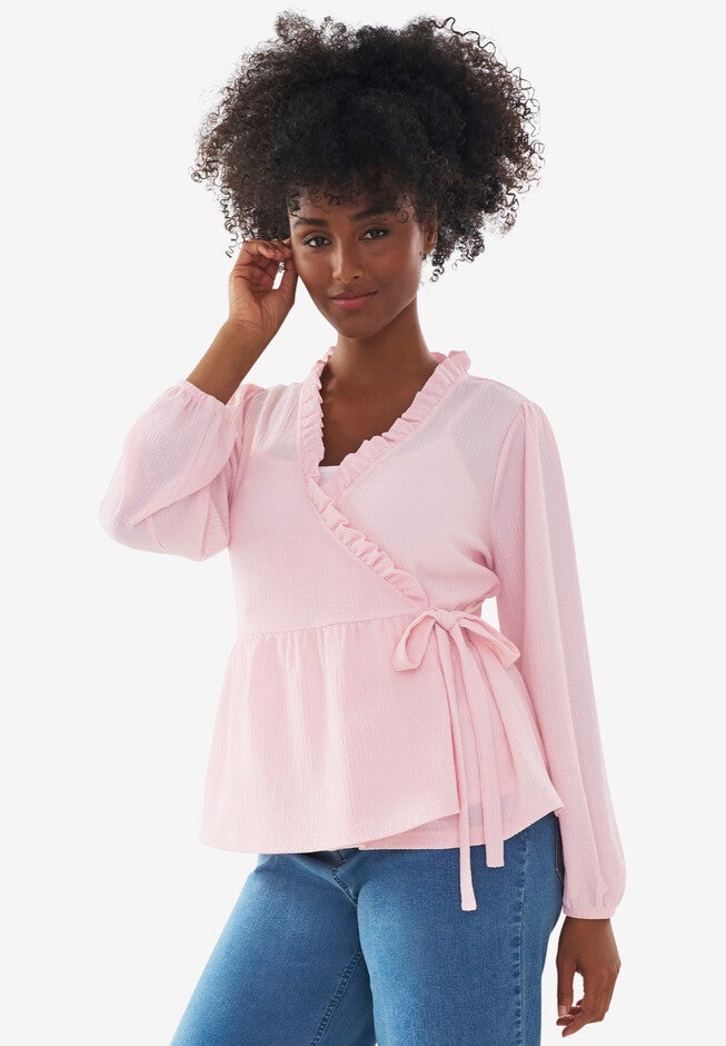 Tie Wrap Peplum Textured Knit Top, MISTY ROSE, hi-res image number null