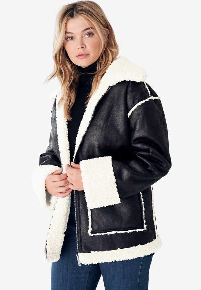 Reversible Faux Suede Sherpa Jacket, BLACK IVORY, hi-res image number null