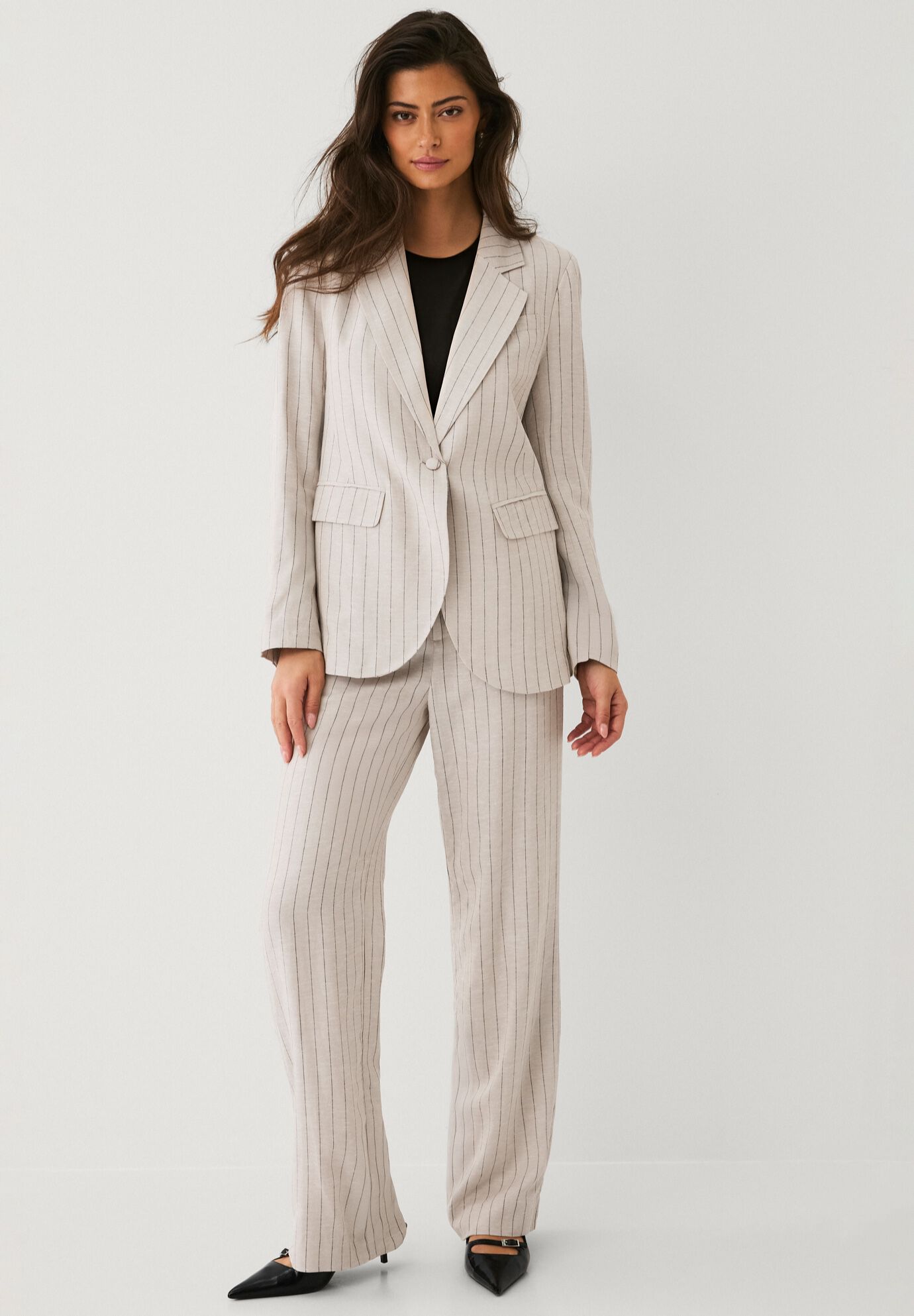 Classic Linen-Blend Blazer, OATMEAL BLACK STRIPE, alternate image number 3