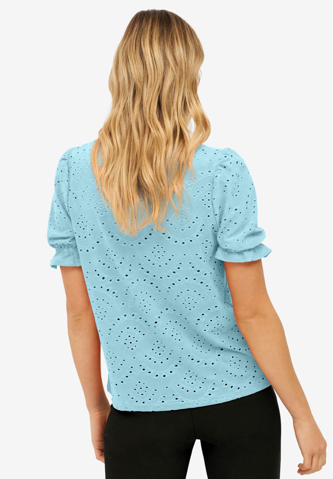 Short Puff Sleeve Eyelet Tee, AQUA SKY, on-hover image number 1