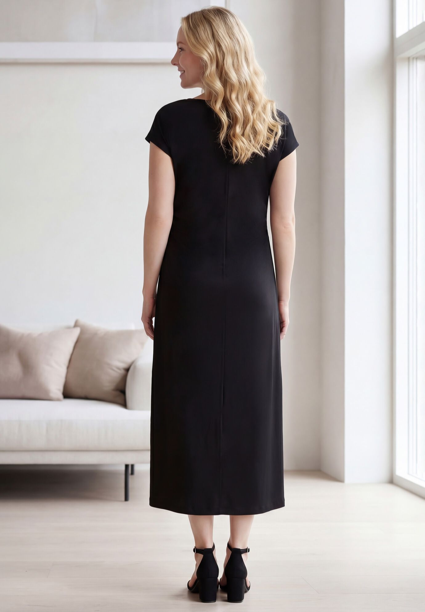 Ruched A-Line Knit Midi Dress, BLACK, on-hover image number 1