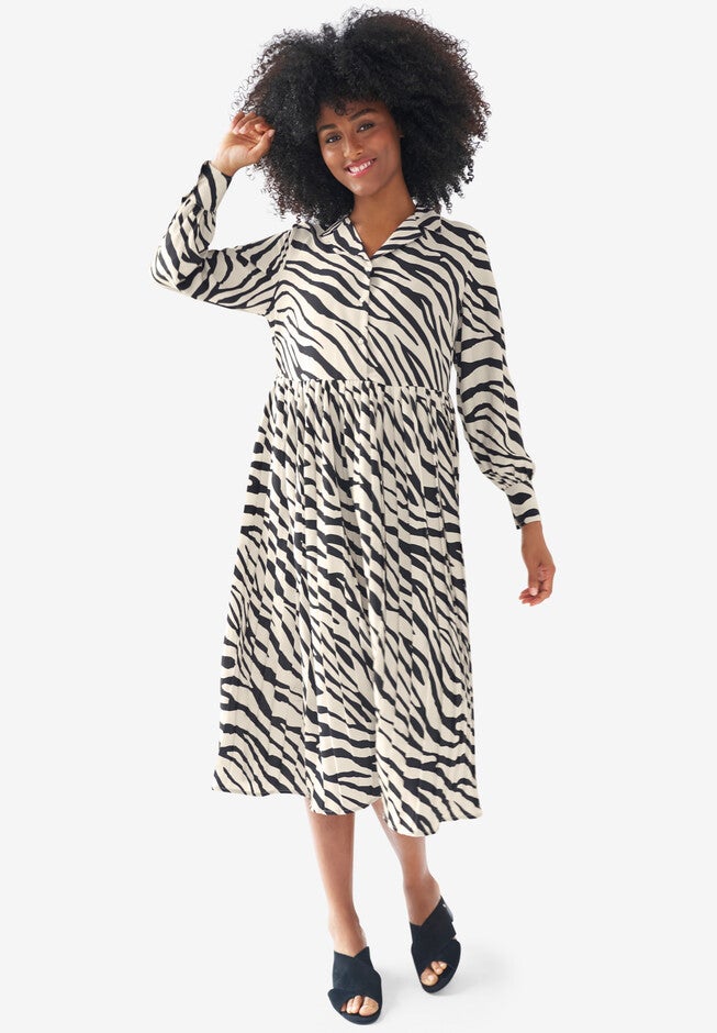 Midi Shirtdress With Pleated Skirt, STONE BLACK PRINT, hi-res image number null