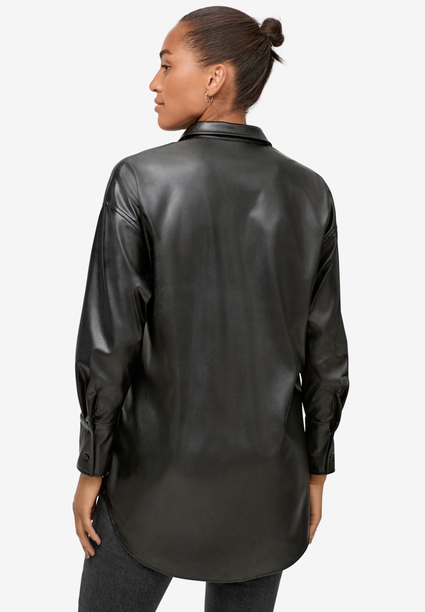 Faux Leather Button Front Tunic, BLACK, on-hover image number 1