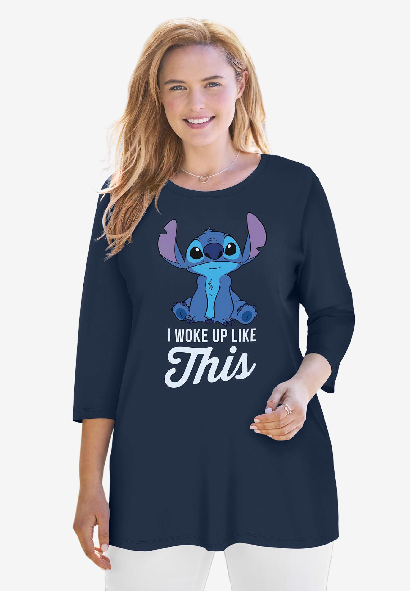 Disney Women's Three-Quarter Sleeve Tunic Stitch I Woke Up Like This Navy, NAVY STITCH, hi-res image number 0