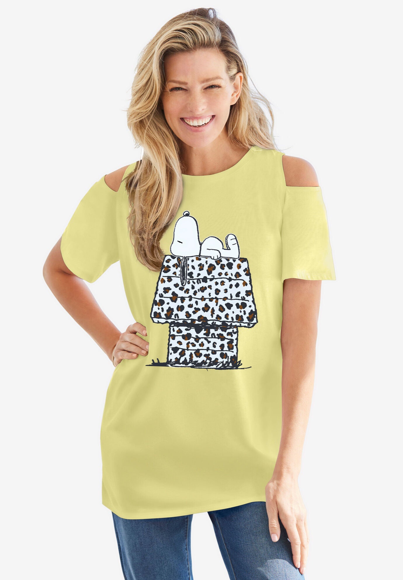 Short-Sleeve Snoopy Cold Shoulder Tee, YELLOW SNOOPY LEOPARD, hi-res image number 0