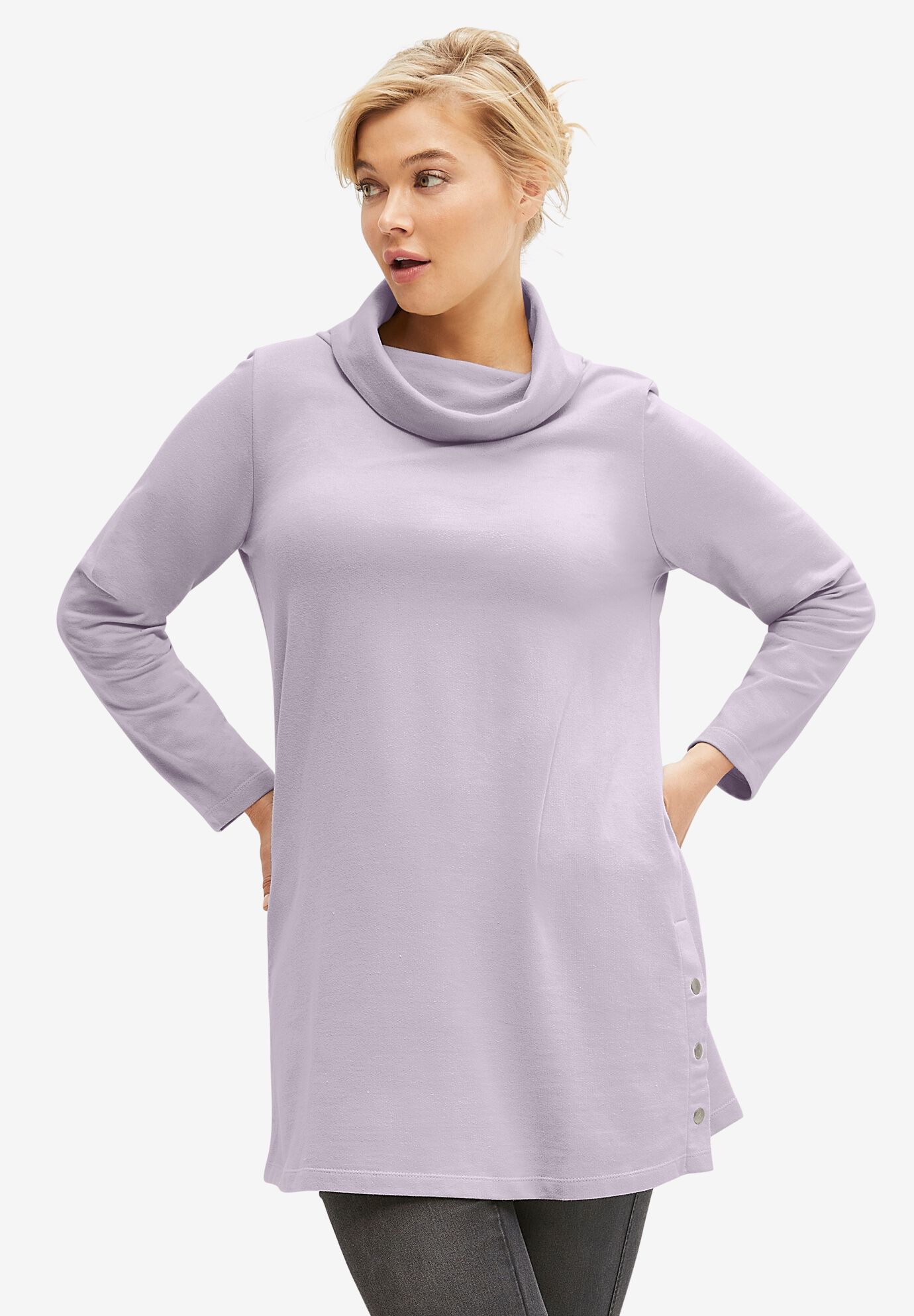 Side Snap Cowl Neck French Terry Sweatshirt Tunic Avenue
