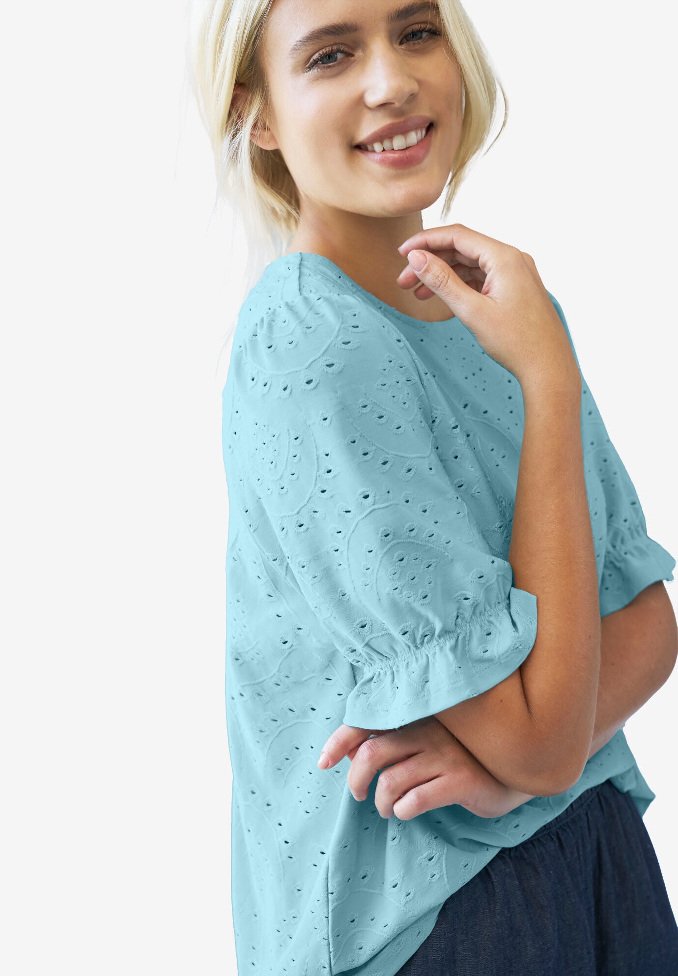 Short Puff Sleeve Eyelet Tee, , alternate image number 2