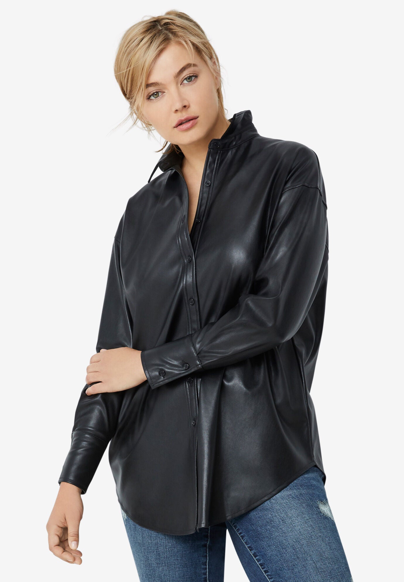 Faux Leather Button Front Tunic, , alternate image number 2