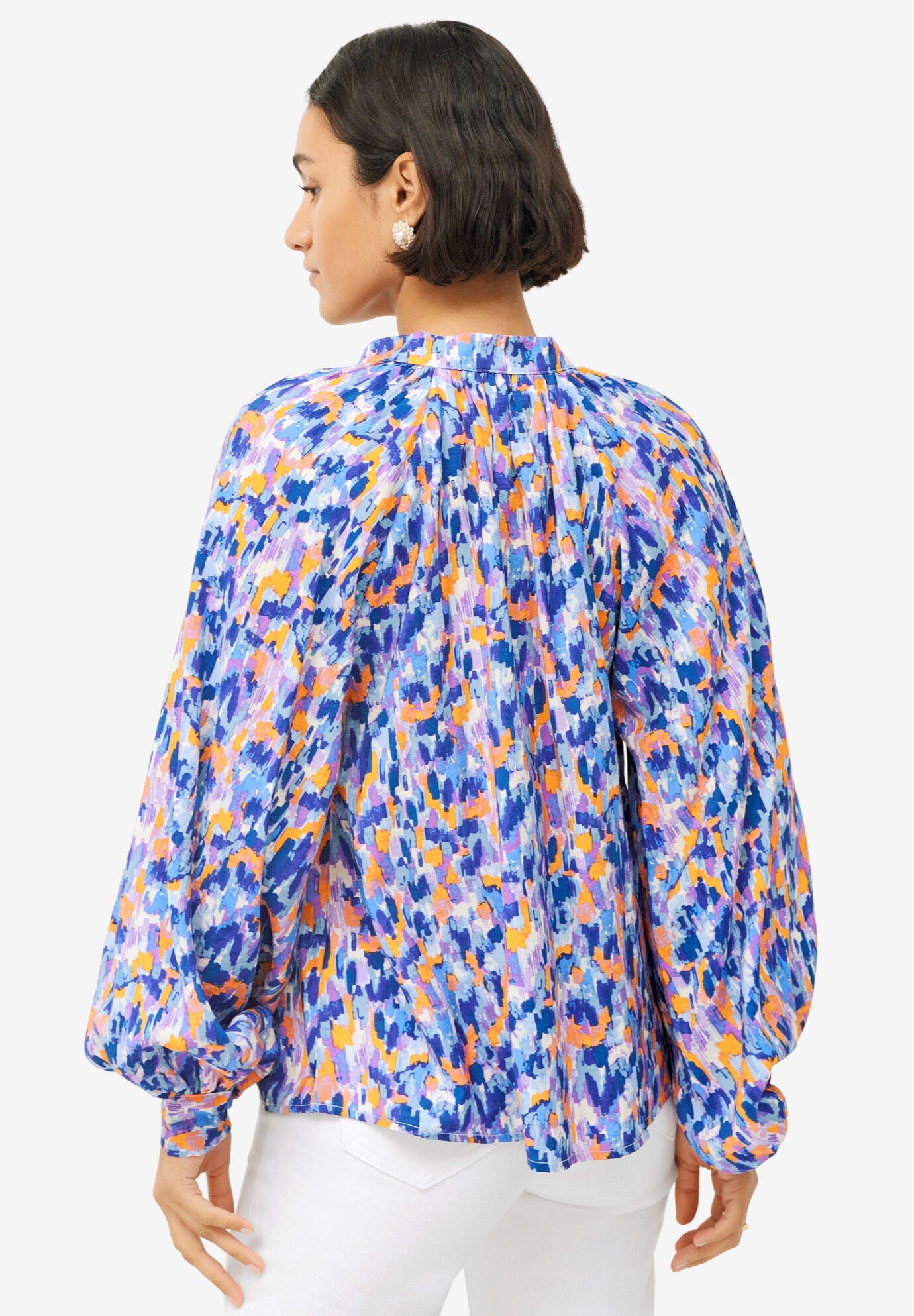 Notch Neck Blouson Sleeve Blouse, TRUE BLUE MULTI PRINT, on-hover image number 1