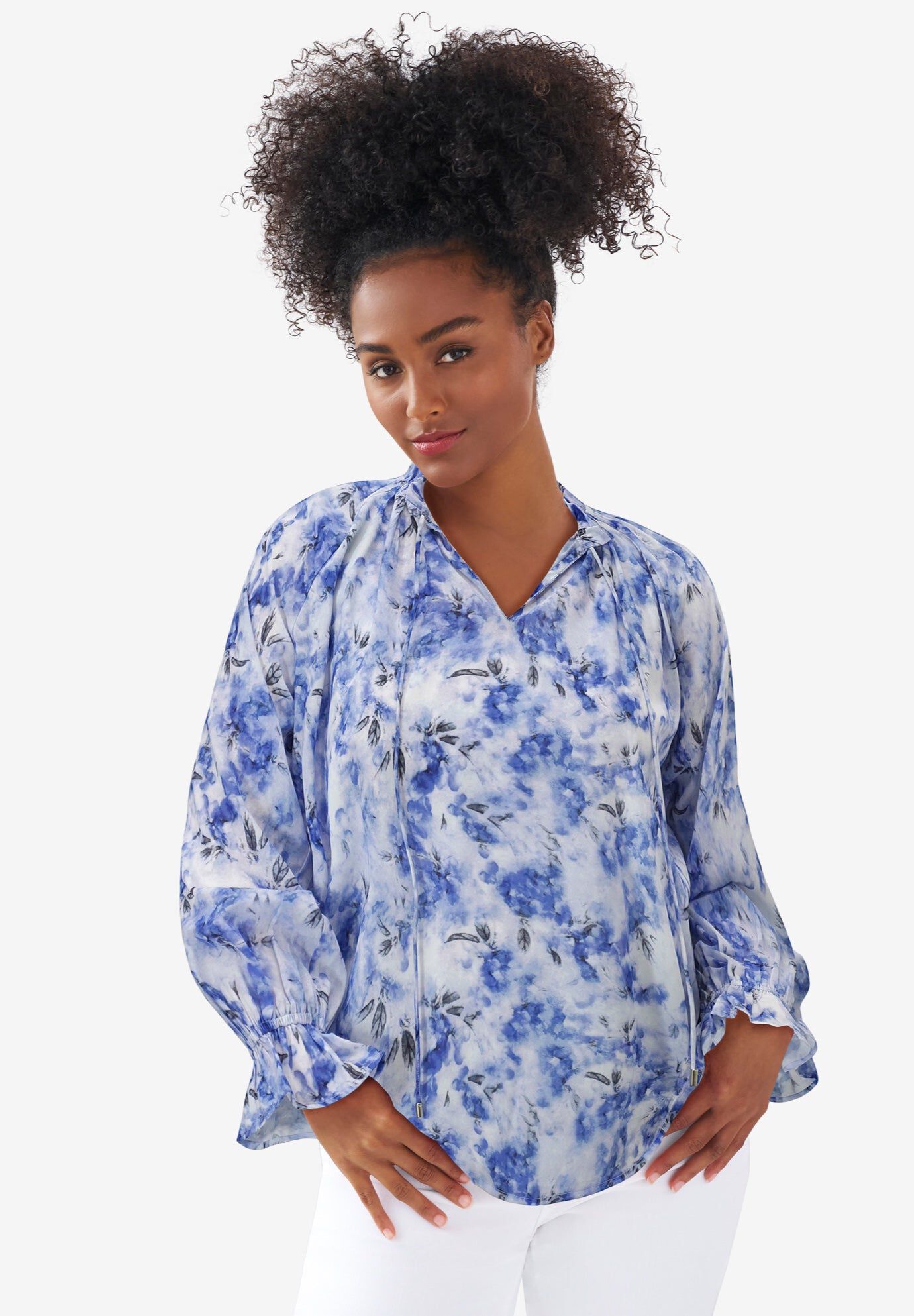 Keyhole Ruffle Trim Blouse, BLUEBERRY CREAM FLORAL, hi-res image number 0