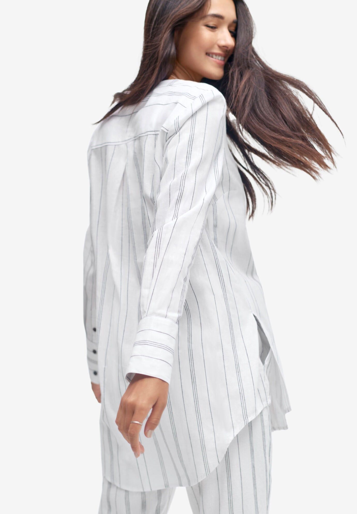 Striped Linen-Blend Tunic, WHITE BLACK STRIPE, on-hover image number 1