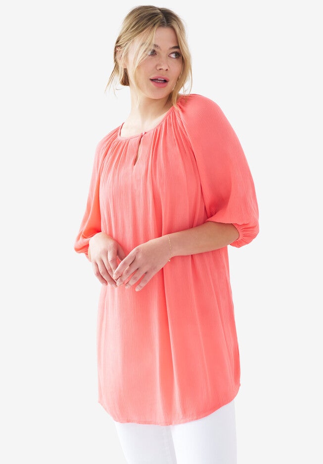 Crinkle Tunic With Keyhole Neckline, SWEET CORAL, hi-res image number null