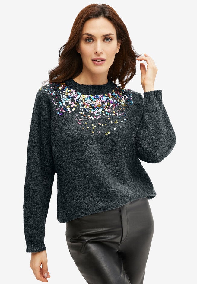 Sequin Yoke Pullover, HEATHER CHARCOAL, hi-res image number null