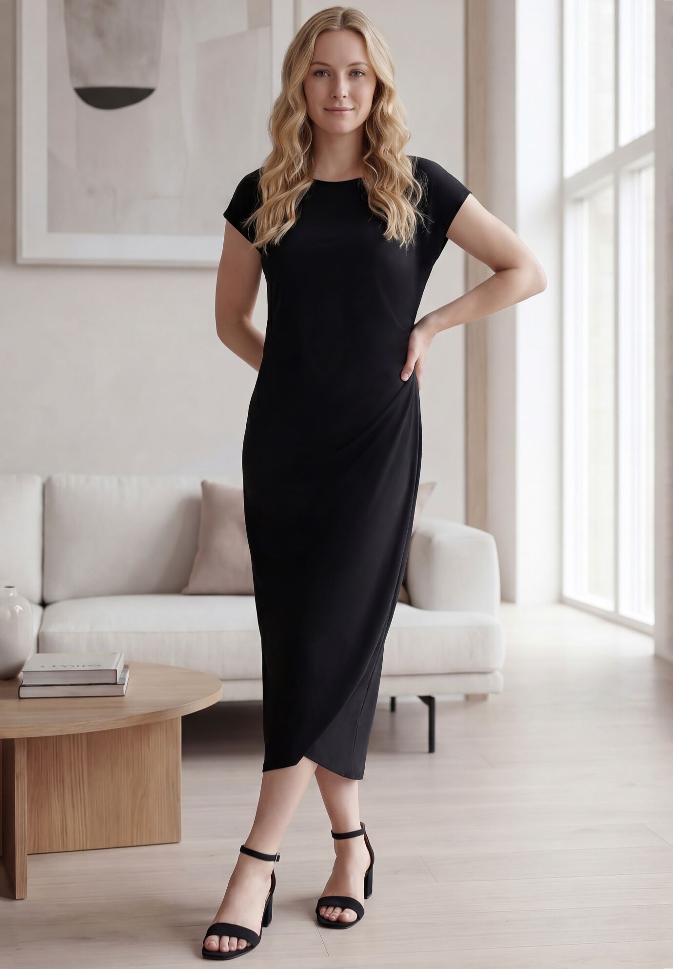 Ruched A-Line Knit Midi Dress, BLACK, hi-res image number 0