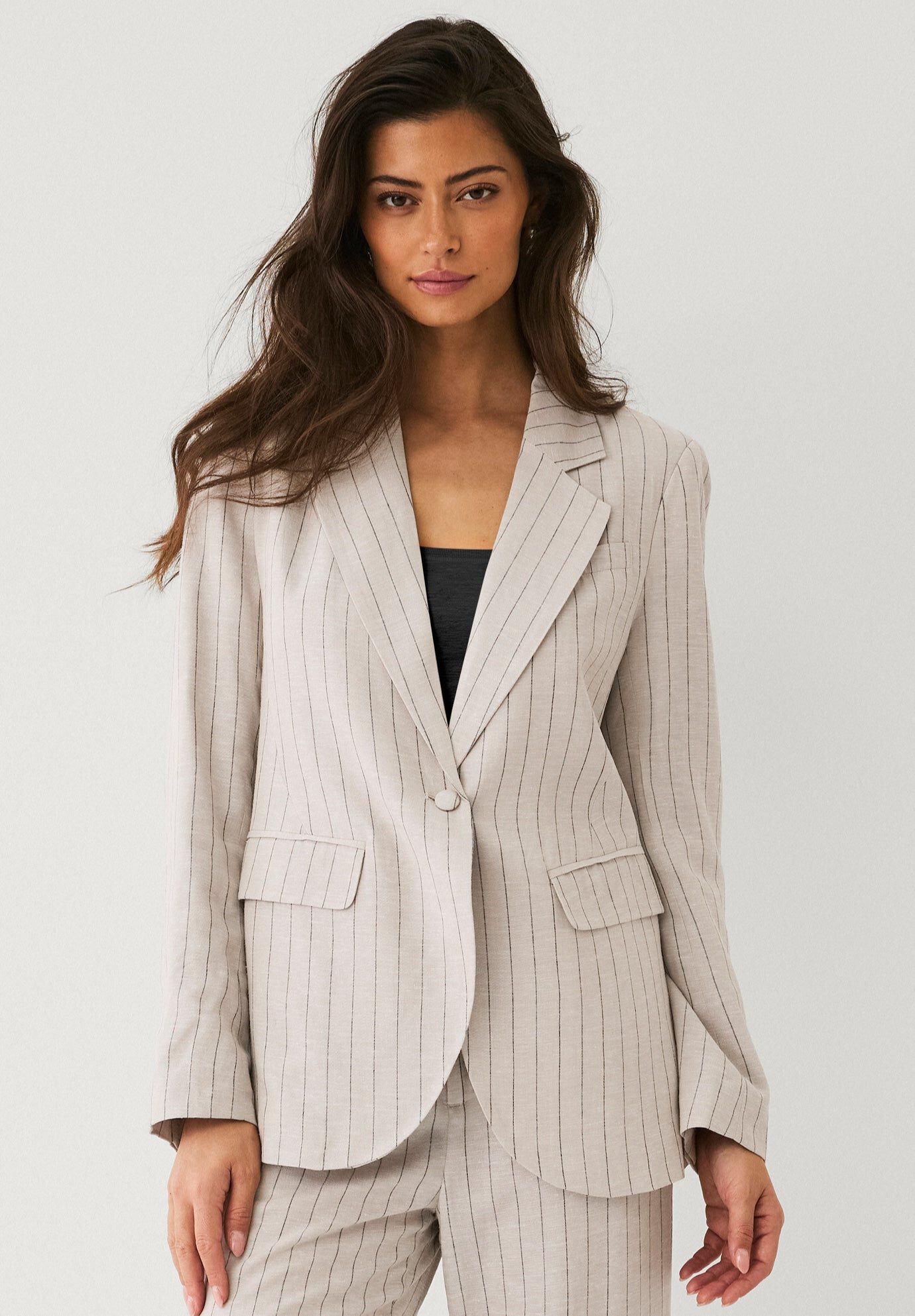Classic Linen-Blend Blazer, OATMEAL BLACK STRIPE, hi-res image number 0
