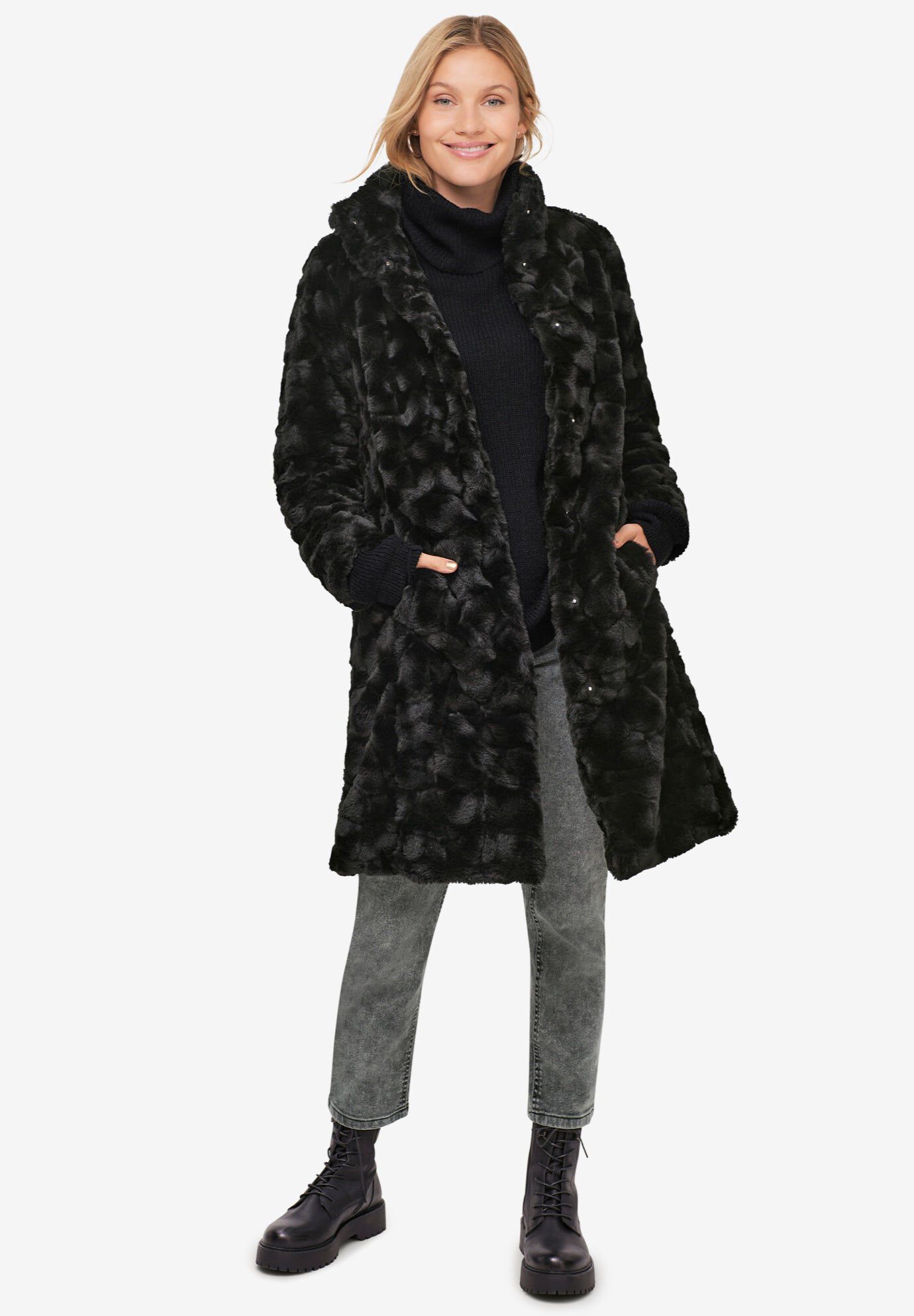 Funnel Neck Faux Fur Coat, BLACK, hi-res image number 0