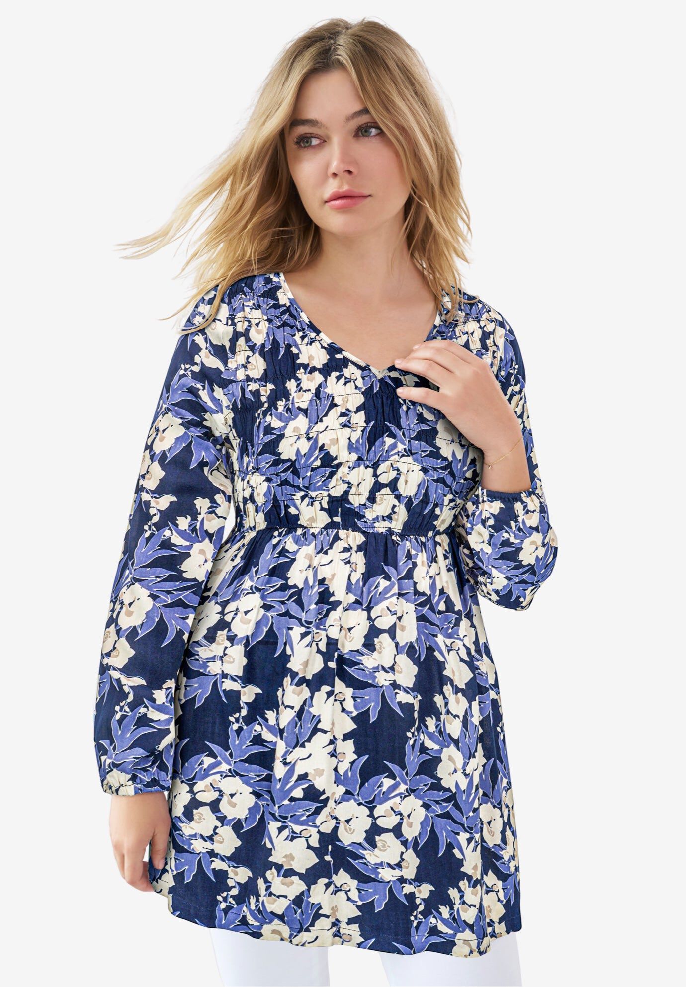 V-Neck Tunic with Smocked Bodice, NAVY IVORY FLORAL, hi-res image number 0