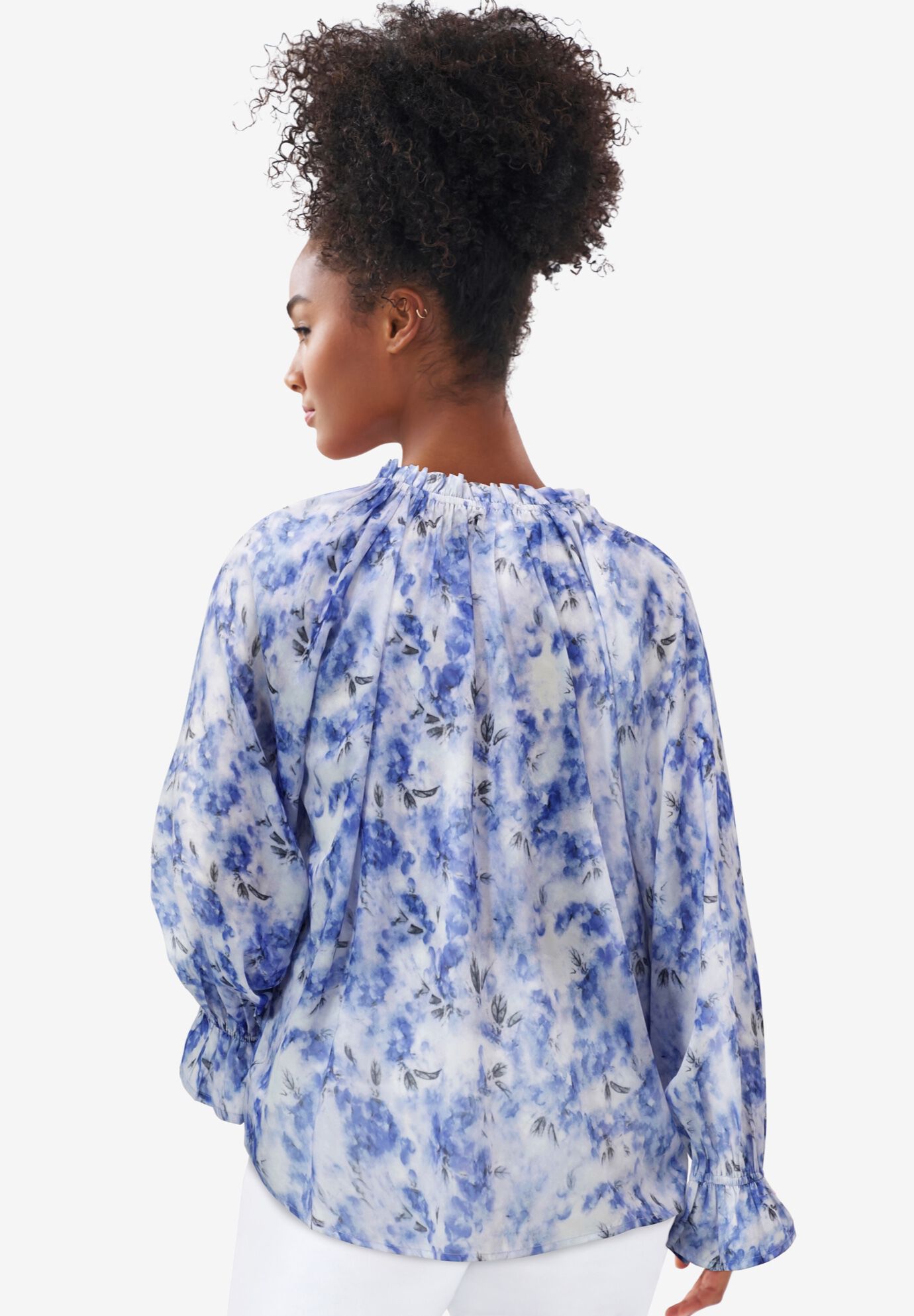 Keyhole Ruffle Trim Blouse, BLUEBERRY CREAM FLORAL, on-hover image number 1